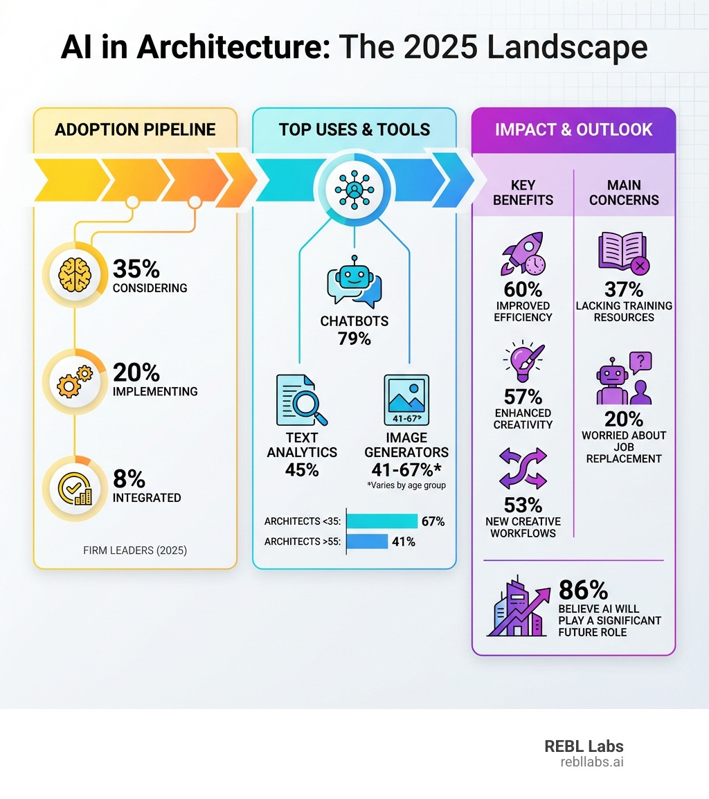 Infographic showing the current state of AI adoption in architecture: 8% of firms have integrated AI, 20% are implementing, 35% are considering adoption. Top uses include chatbots at 79%, text analytics at 45%, and image generators varying by age group from 41% to 67%. Key benefits are 60% improved efficiency, 57% enhanced creativity, and 53% new creative workflows. Main concerns include 37% lacking training resources and 20% worried about job replacement, while 86% believe AI will play a significant future role. - AI for architecture firms infographic 