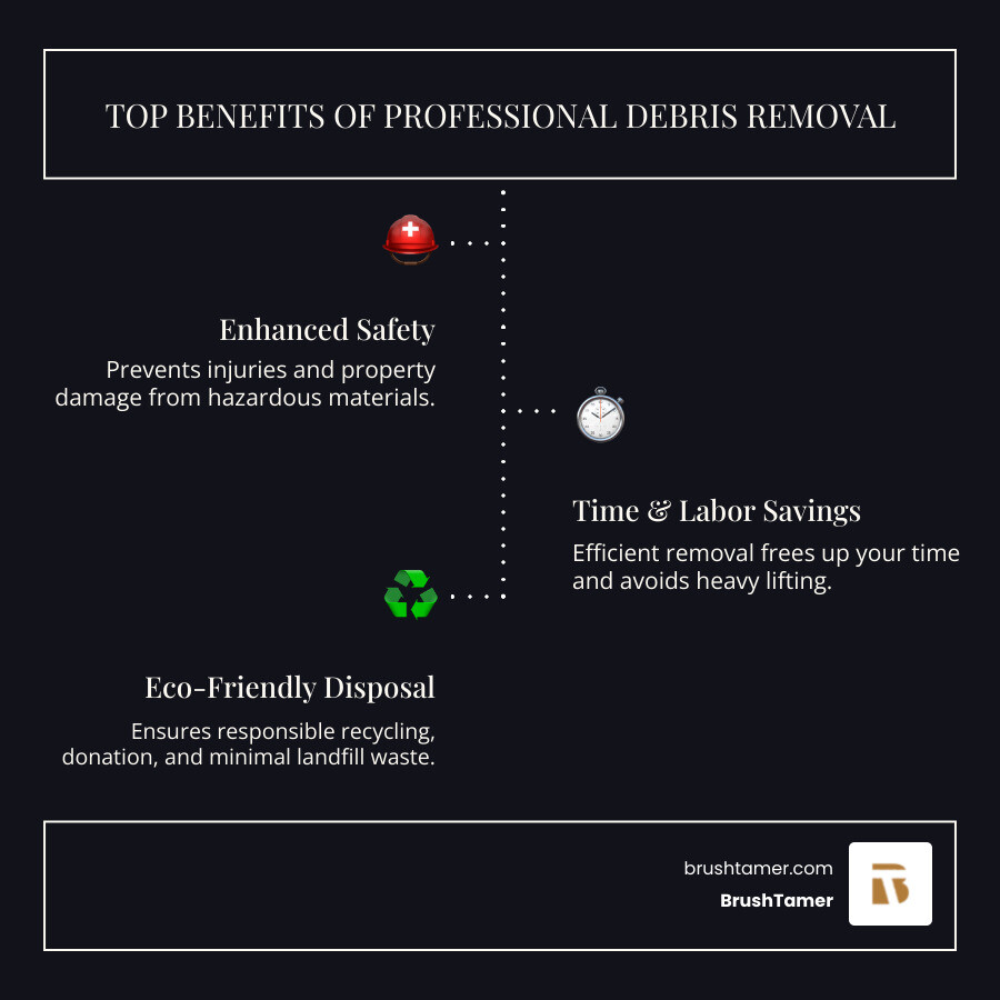 Infographic showing three main types of debris: Construction debris (concrete, wood, drywall, metal), Yard debris (branches, stumps, clippings, soil), and Storm debris (fallen trees, damaged materials, flood waste). Below each type, list the top 3 benefits of hiring professionals: 1) Safety and risk reduction, 2) Time and labor savings, 3) Eco-friendly disposal and recycling - debris removal services infographic infographic-line-3-steps-dark