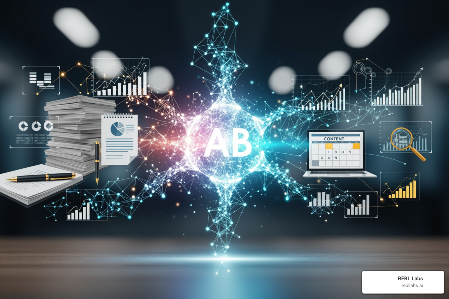 Image illustrating the five phases of the AI-improved content lifecycle: Planning, Production, Promotion, Performance, and Preparedness, with AI tools and benefits noted at each stage. - AI B2B content marketing