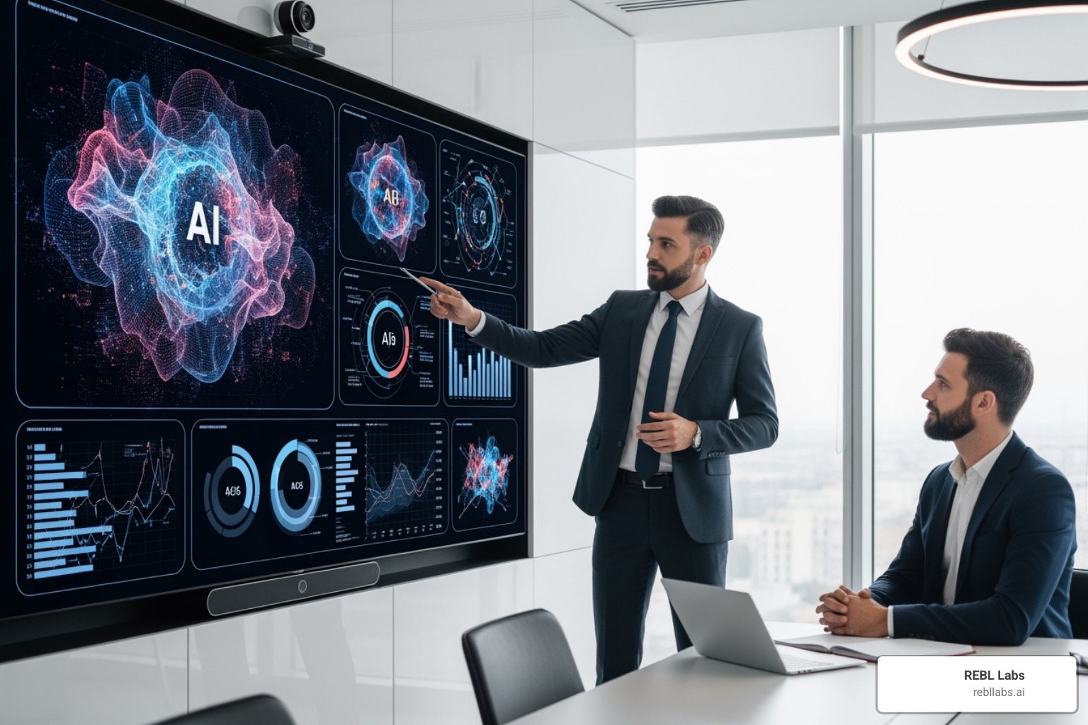 An accountant presenting strategic insights to a client, with AI-generated charts and data visualizations displayed on a large screen in the background - AI for accounting An accountant presenting strategic insights to a client, with AI-generated charts and data visualizations displayed on a large screen in the background - AI for accounting