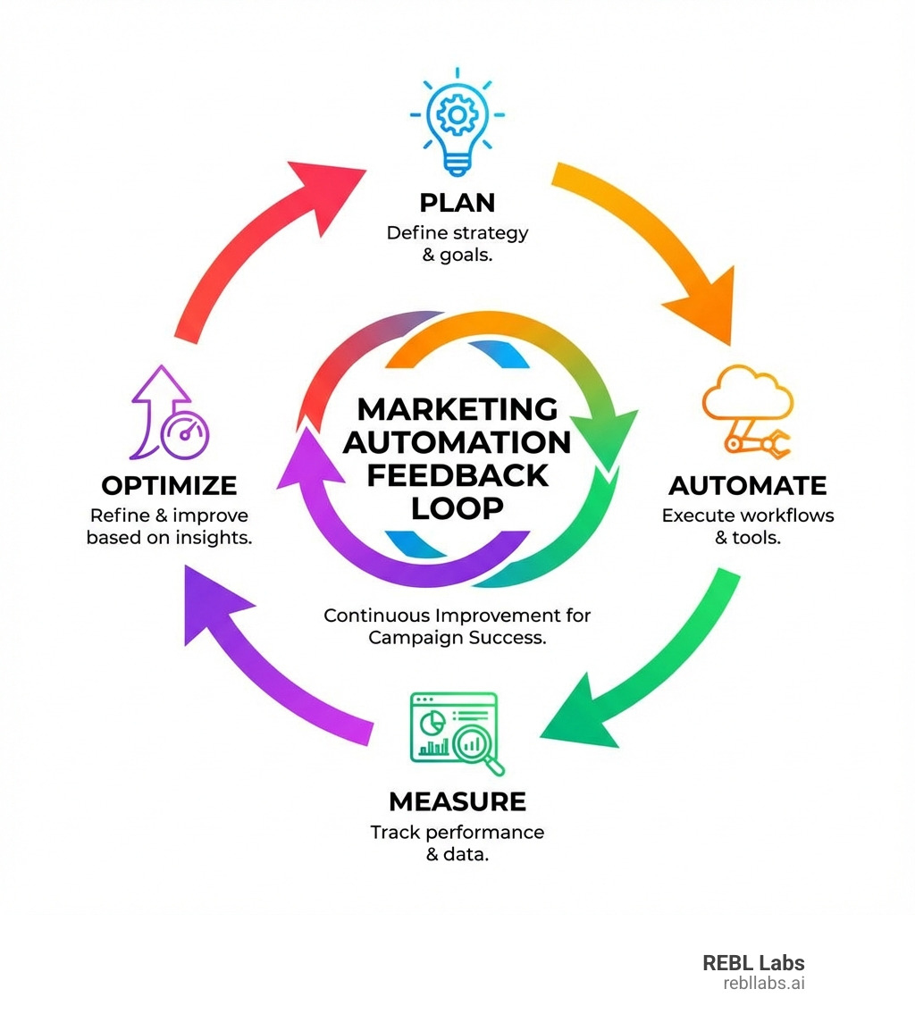 Infographic explaining the marketing automation feedback loop (Plan -> Automate -> Measure -> Optimize) - Automated marketing tasks infographic 