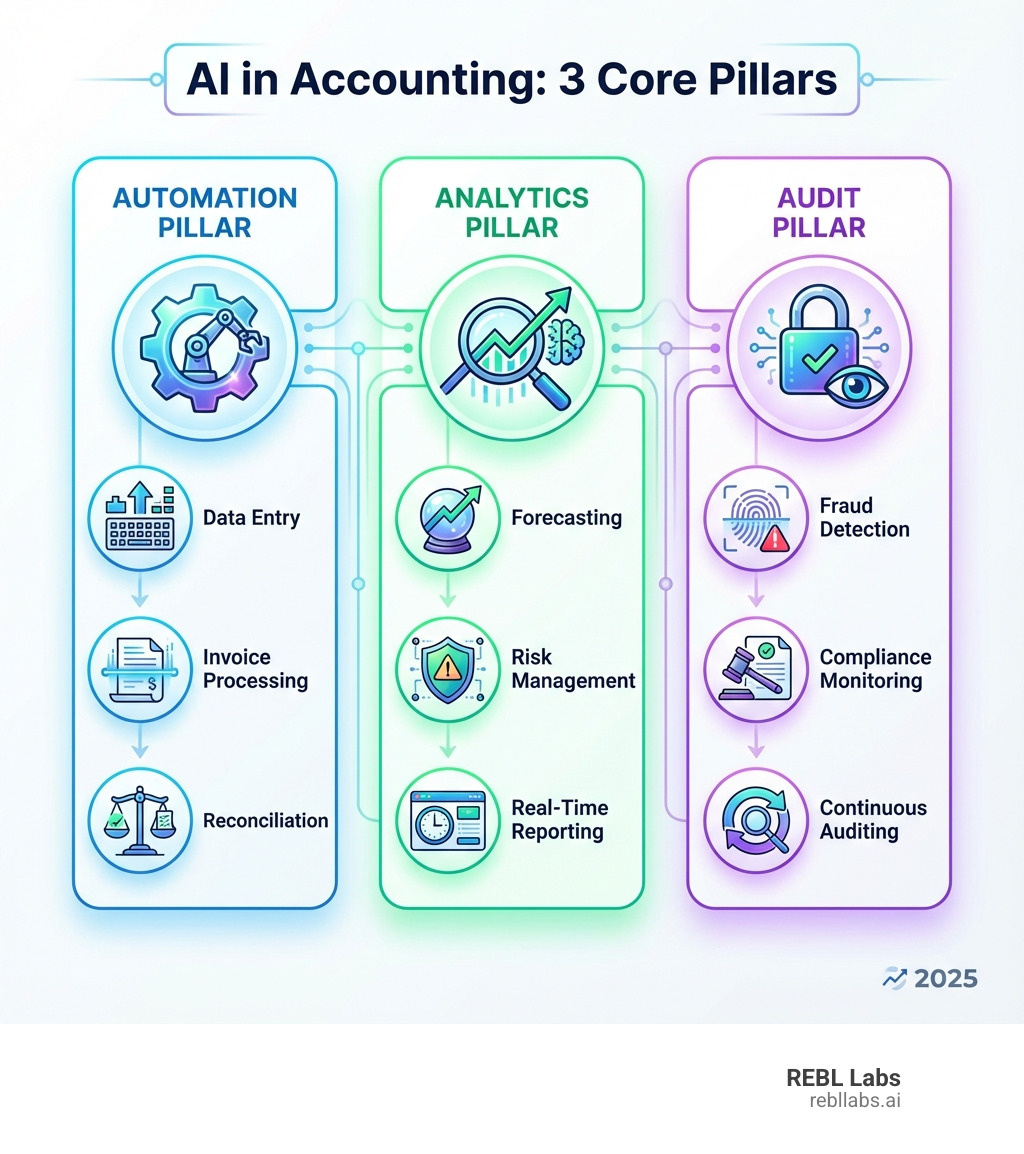 Infographic showing the three core pillars of AI in accounting: Automation pillar with icons for data entry, invoice processing, and reconciliation; Analytics pillar with icons for forecasting, risk management, and real-time reporting; and Audit pillar with icons for fraud detection, compliance monitoring, and continuous auditing - AI for accounting infographic Infographic showing the three core pillars of AI in accounting: Automation pillar with icons for data entry, invoice processing, and reconciliation; Analytics pillar with icons for forecasting, risk management, and real-time reporting; and Audit pillar with icons for fraud detection, compliance monitoring, and continuous auditing - AI for accounting infographic