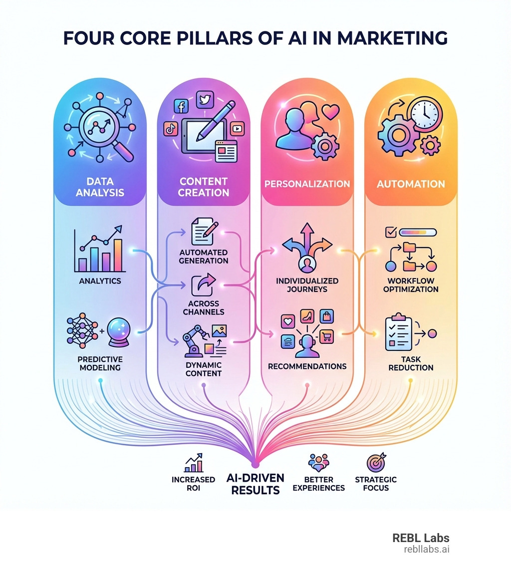 Infographic showing the four core pillars of AI in marketing: Data Analysis pillar showing analytics and predictive modeling capabilities, Content Creation pillar displaying automated content generation across channels, Personalization pillar illustrating individualized customer journeys and recommendations, and Automation pillar demonstrating workflow optimization and task reduction - AI for digital marketing infographic 