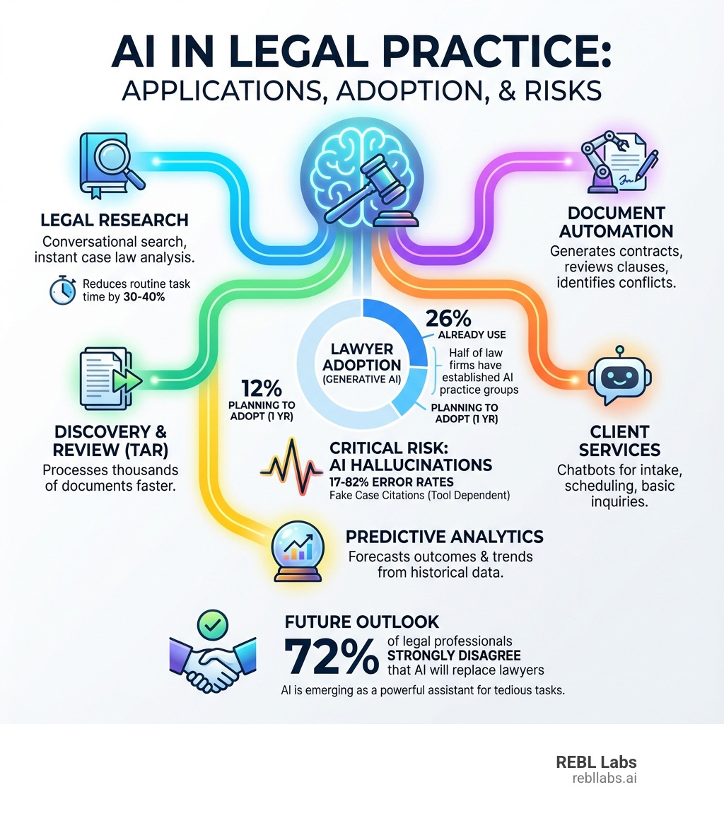 infographic showing AI applications in legal practice including research tools, document automation, discovery systems, client chatbots, and predictive analytics, with statistics on adoption rates and error rates - AI in legal practice infographic 