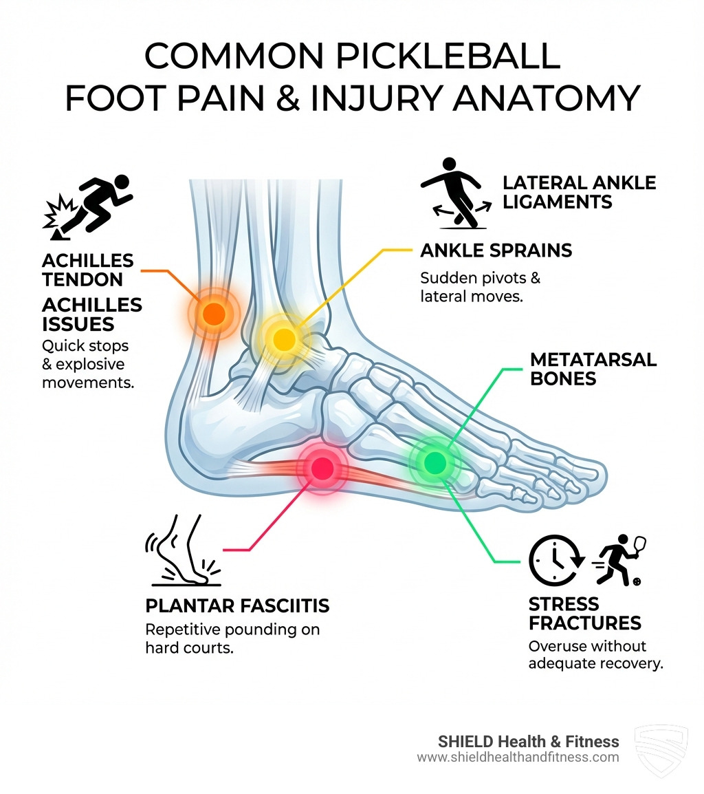 Infographic showing the anatomy of the foot with labeled hotspots for common pickleball injuries including the plantar fascia band along the bottom of the foot, the Achilles tendon at the back of the heel, lateral ankle ligaments on the outer ankle, and the metatarsal bones in the ball of the foot, with icons indicating the types of movements that stress each area - Foot pain pickleball infographic 