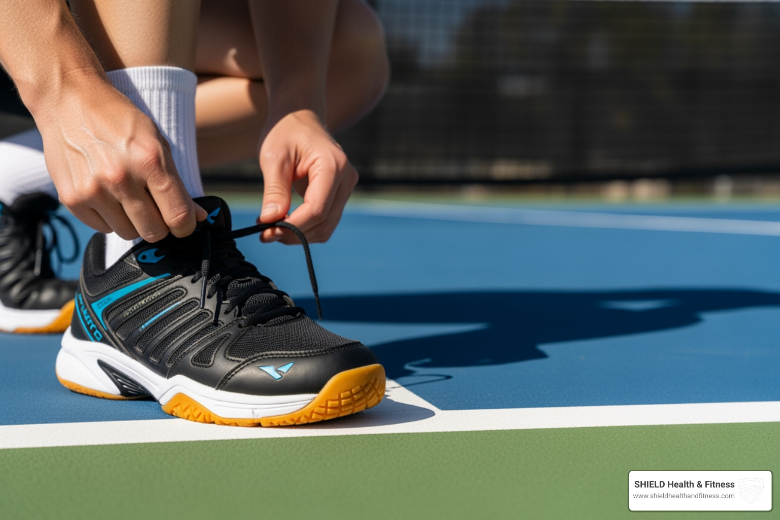 A pickleball player carefully lacing up their specialized court shoes on the edge of a pickleball court, highlighting the importance of proper footwear - Foot pain pickleball