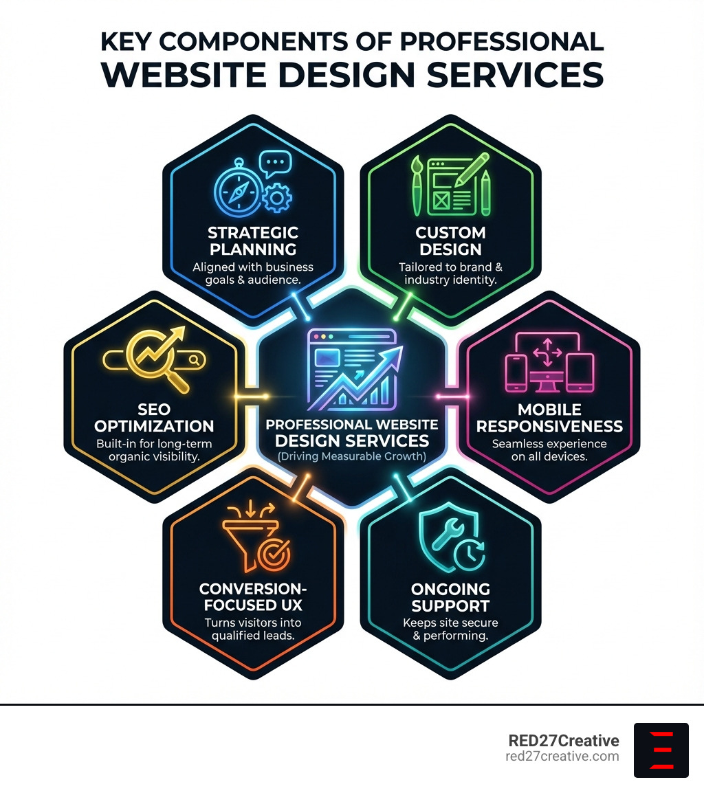 Infographic showing the key components of professional website design services: strategic planning, custom design, SEO optimization, mobile responsiveness, conversion-focused UX, and ongoing support - professional website design services infographic Infographic showing the key components of professional website design services: strategic planning, custom design, SEO optimization, mobile responsiveness, conversion-focused UX, and ongoing support - professional website design services infographic