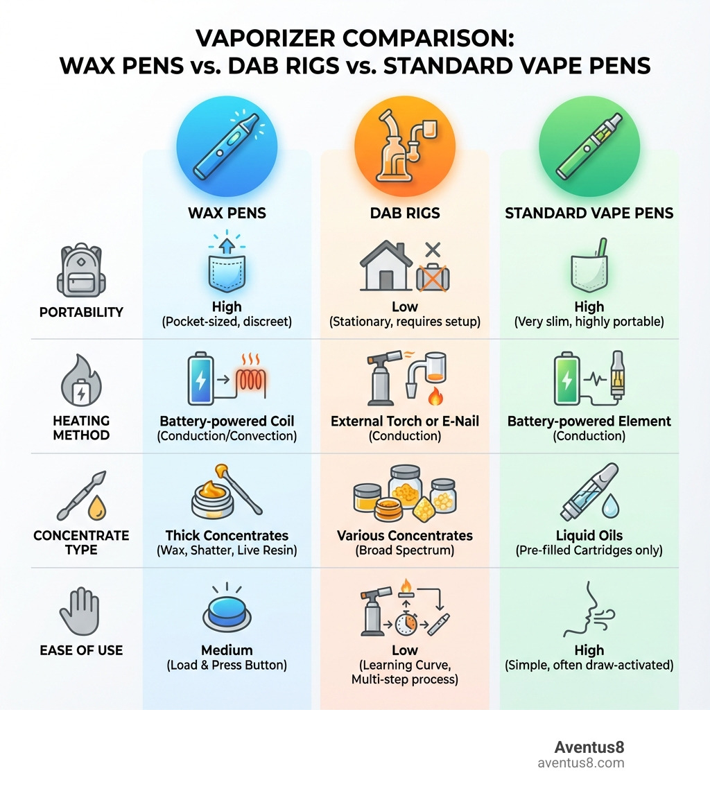 infographic comparing wax pens, dab rigs, and standard vape pens showing portability, heating method, concentrate type, and ease of use - wax pens infographic 