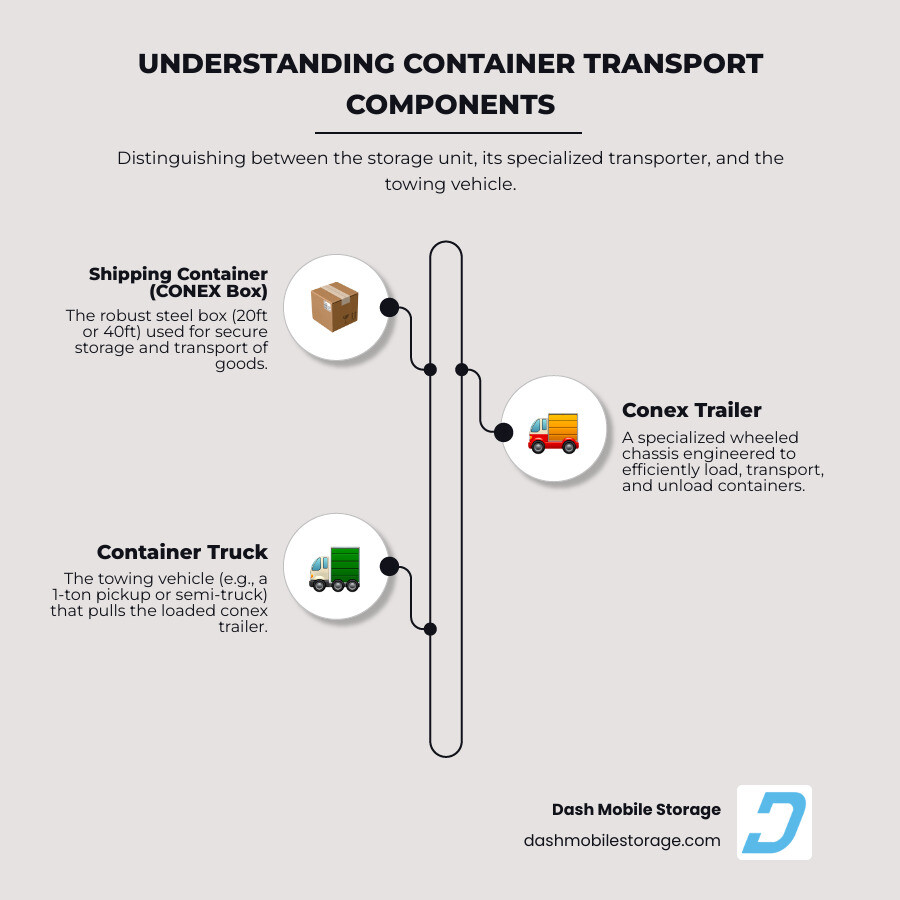 Infographic showing three components: 1) A steel shipping container labeled "CONEX BOX - The storage unit (20ft or 40ft steel box)", 2) A wheeled chassis with hydraulic tilt labeled "CONEX TRAILER - The transport chassis (specialized trailer to move containers)", and 3) A pickup truck labeled "CONTAINER TRUCK - The towing vehicle (pulls the loaded trailer)" - conex trailers infographic infographic-line-3-steps-elegant_beige