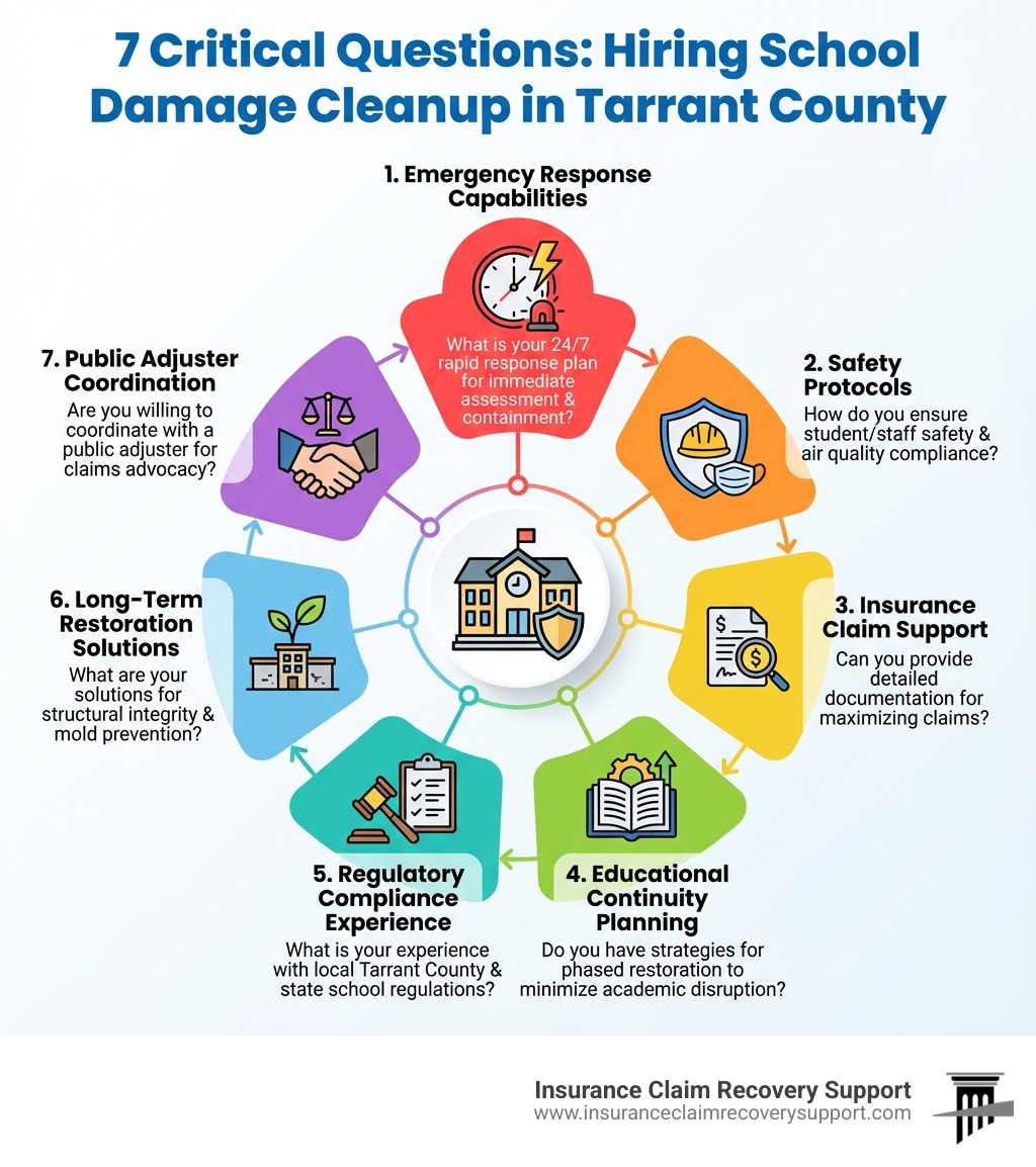 Infographic showing the 7 critical questions to ask before hiring a school damage cleanup company in Tarrant County, including emergency response capabilities, safety protocols, insurance claim support, educational continuity planning, regulatory compliance experience, long-term restoration solutions, and public adjuster coordination options - school damage cleanup tarrant county infographic Infographic showing the 7 critical questions to ask before hiring a school damage cleanup company in Tarrant County, including emergency response capabilities, safety protocols, insurance claim support, educational continuity planning, regulatory compliance experience, long-term restoration solutions, and public adjuster coordination options - school damage cleanup tarrant county infographic