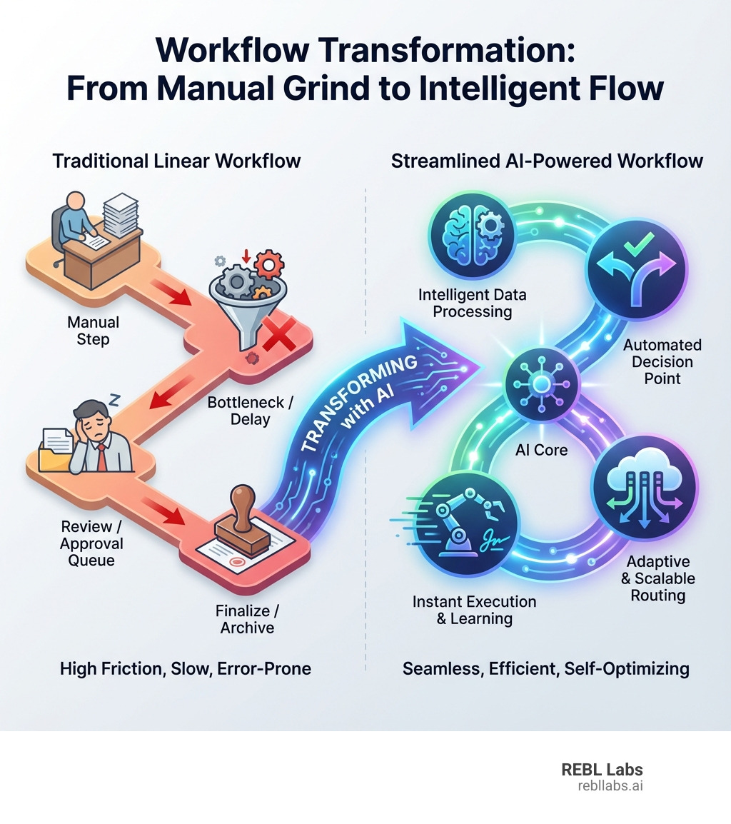 infographic showing traditional linear workflow with multiple manual steps and bottlenecks transforming into streamlined AI-powered workflow with automated decision points, data processing, and adaptive routing - AI for workflow automation infographic 