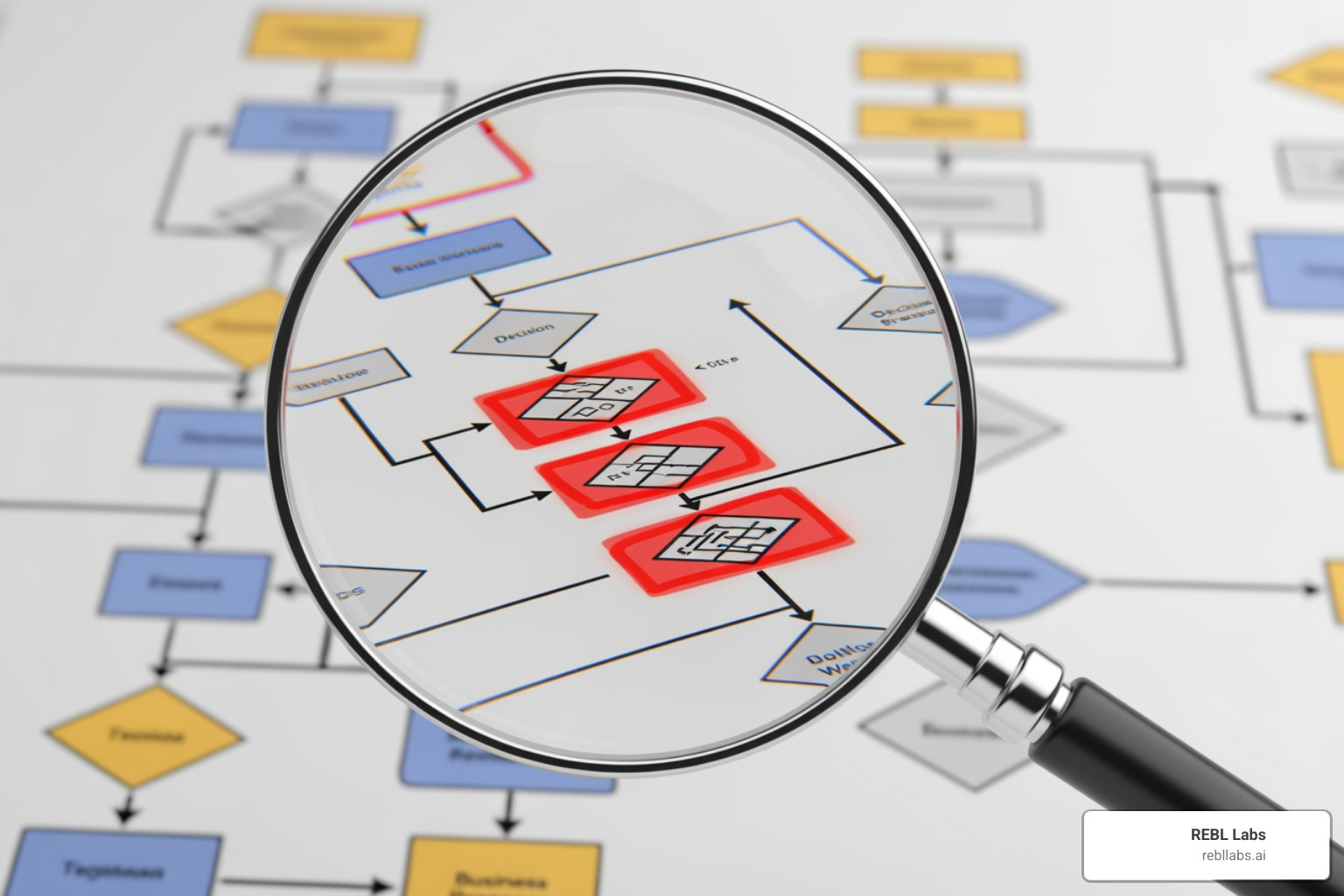 magnifying glass hovering over business process map highlighting bottlenecks - AI for workflow automation