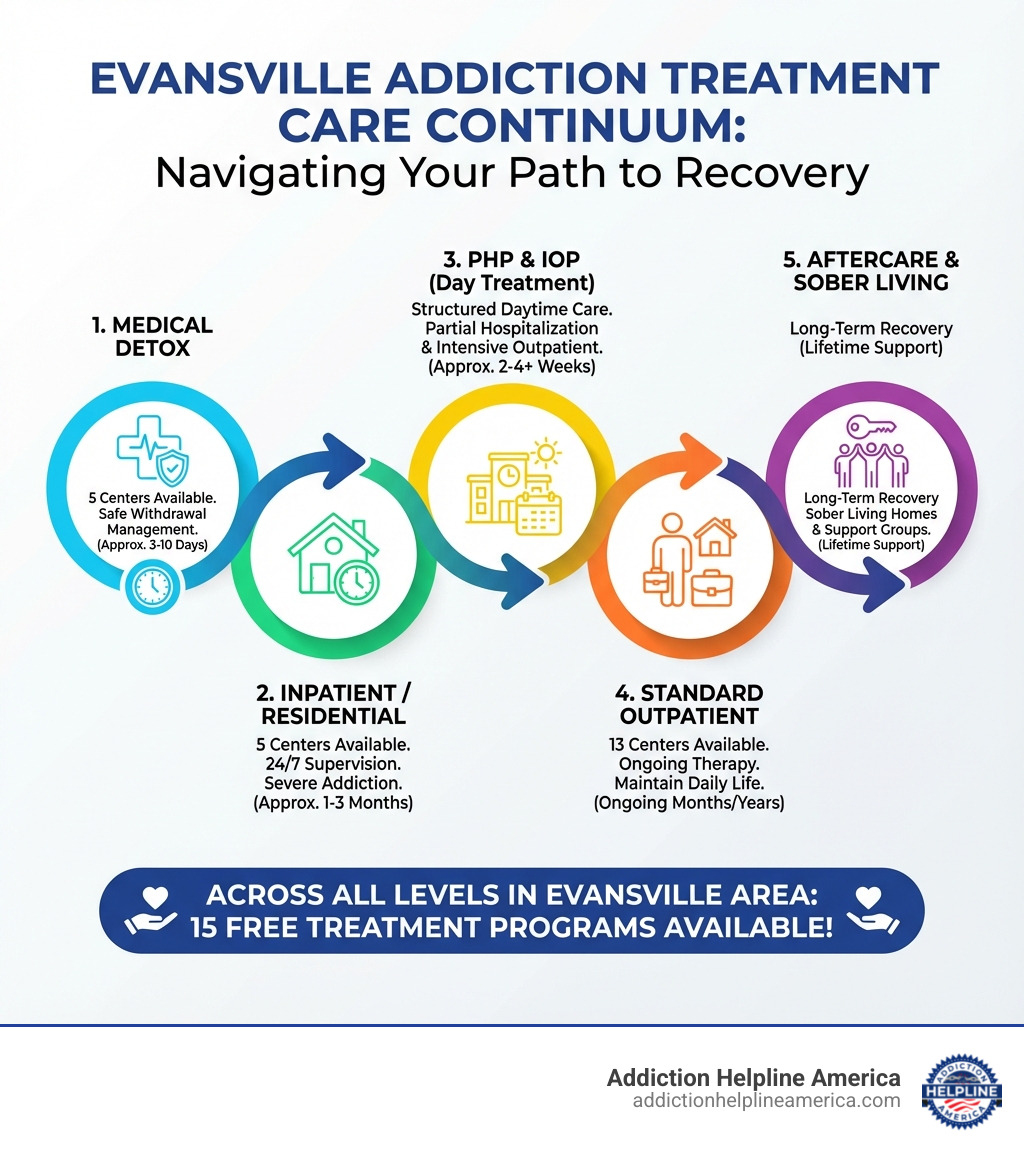 Infographic showing the continuum of addiction treatment care levels in Evansville, starting with medical detox (5 centers available) for safe withdrawal management, progressing to inpatient/residential treatment (5 centers, 24/7 supervision) for severe addiction, then partial hospitalization and intensive outpatient programs for structured daytime care, followed by standard outpatient treatment (13 centers) for ongoing therapy while maintaining daily life, and ending with aftercare and sober living for long-term recovery support. The infographic includes icons representing each level of care, approximate program durations, and notes that 15 free treatment programs are available across all levels in the Evansville area. - Drug & Alcohol Rehabs in Evansville, Indiana infographic 