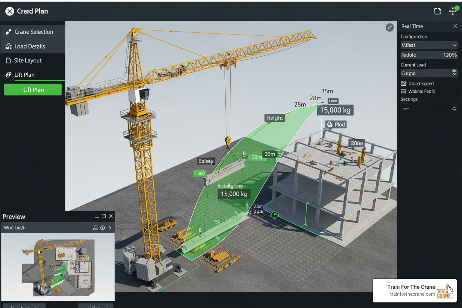3D lift plan software interface showing a crane and load path - Crane lifting plans