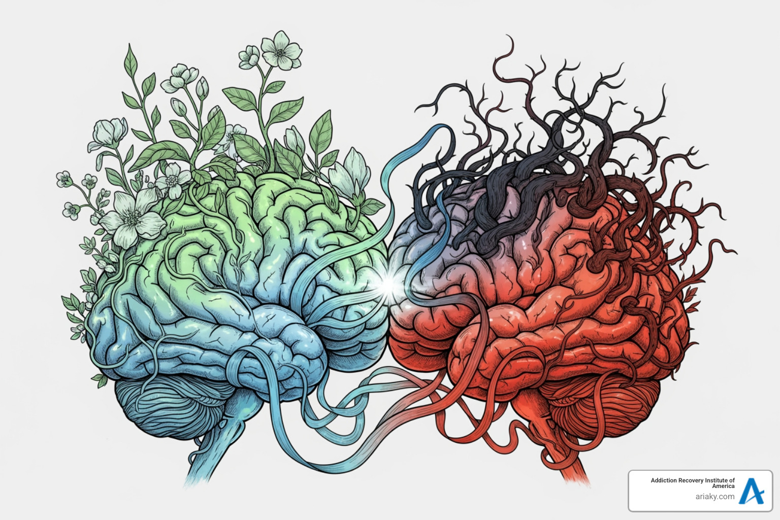 illustration showing the connection between mental health and addiction, with two intertwined brains - Lexington addiction treatment