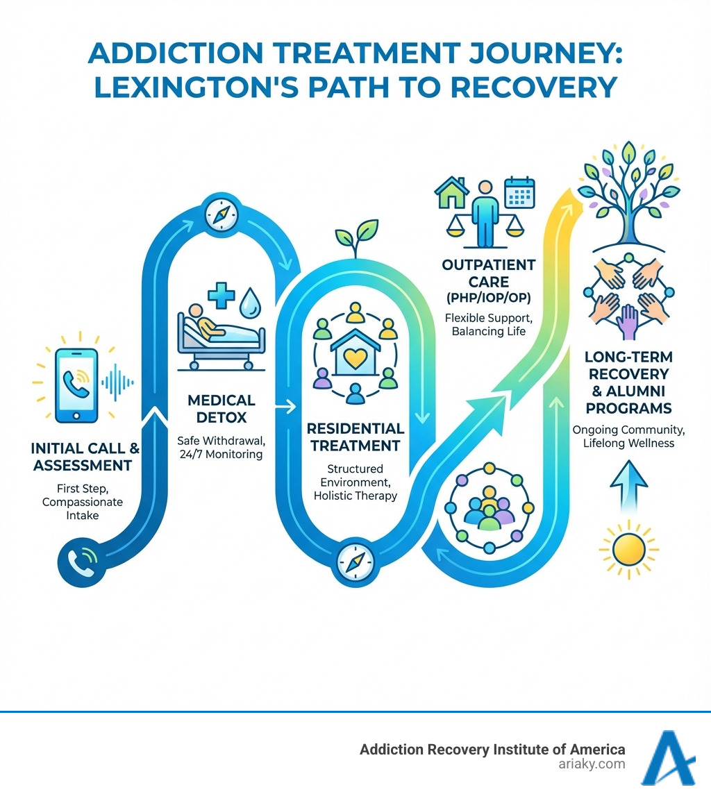 infographic showing the addiction treatment journey from initial call through detox, residential treatment, outpatient care, and long-term recovery support with alumni programs - Lexington addiction treatment infographic 