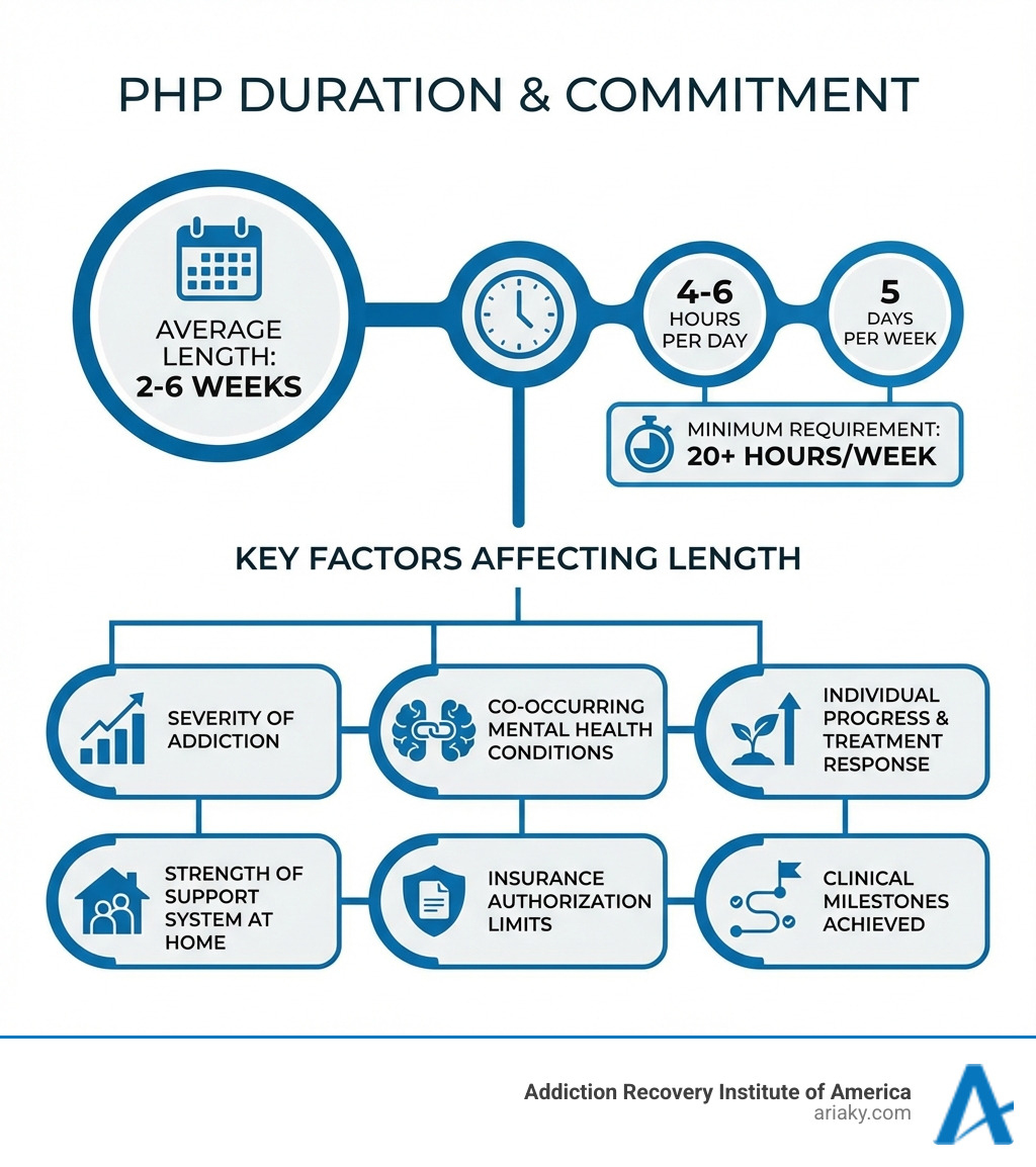 Infographic showing the typical duration of partial hospitalization programs: Average length is 2-6 weeks, with 4-6 hours per day, 5 days per week. Key factors affecting length include: severity of addiction, co-occurring mental health conditions, individual progress and response to treatment, strength of support system at home, insurance authorization limits, and clinical milestones achieved. The infographic also shows that PHP requires a minimum of 20 hours per week of therapeutic services. - how long is a partial hospitalization program infographic Infographic showing the typical duration of partial hospitalization programs: Average length is 2-6 weeks, with 4-6 hours per day, 5 days per week. Key factors affecting length include: severity of addiction, co-occurring mental health conditions, individual progress and response to treatment, strength of support system at home, insurance authorization limits, and clinical milestones achieved. The infographic also shows that PHP requires a minimum of 20 hours per week of therapeutic services. - how long is a partial hospitalization program infographic