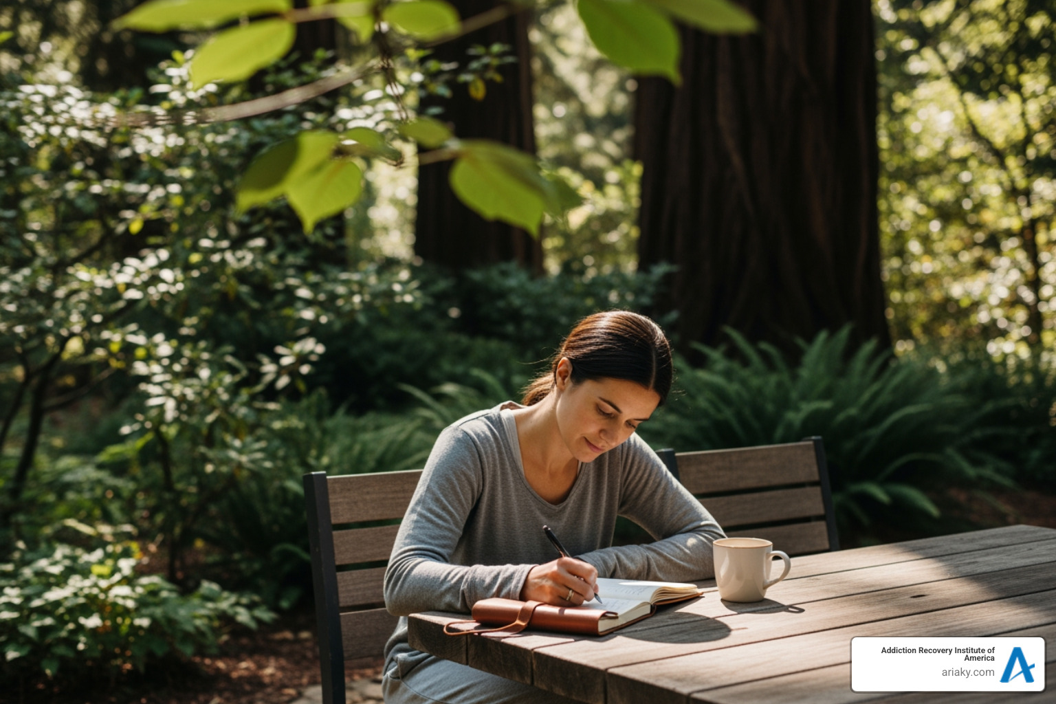 a person journaling peacefully outdoors at a treatment center - residential alcohol program