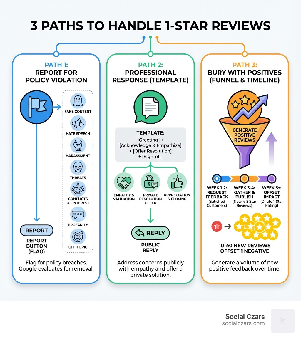 infographic showing three paths for handling 1-star reviews: path one shows report button with policy violation categories, path two shows professional response template with key elements highlighted, path three shows positive review generation funnel with timeline - how to remove 1 star reviews google infographic 