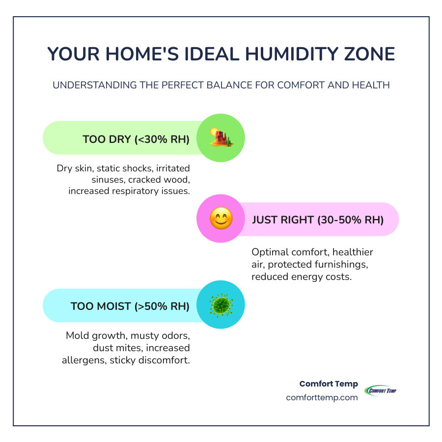 Infographic showing ideal indoor humidity range of 30-50% with visual indicators. Left side shows problems with low humidity: dry skin, static electricity, cracked wood floors, and increased respiratory infections. Right side shows problems with high humidity: mold growth, musty odors, and dust mites. Center shows comfortable home environment at optimal humidity levels. - humidifier repair Jacksonville infographic infographic-line-3-steps-colors Infographic showing ideal indoor humidity range of 30-50% with visual indicators. Left side shows problems with low humidity: dry skin, static electricity, cracked wood floors, and increased respiratory infections. Right side shows problems with high humidity: mold growth, musty odors, and dust mites. Center shows comfortable home environment at optimal humidity levels. - humidifier repair Jacksonville infographic infographic-line-3-steps-colors