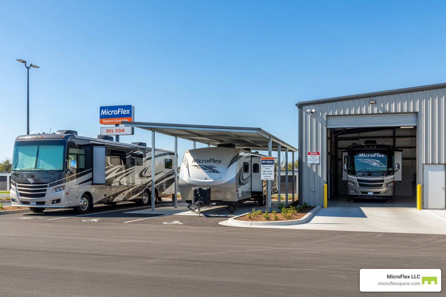 Three RVs in different MicroFlex storage settings: one in an open lot, one under a covered awning, and one inside a large garage-style MicroFlex unit - Long term RV storage Three RVs in different MicroFlex storage settings: one in an open lot, one under a covered awning, and one inside a large garage-style MicroFlex unit - Long term RV storage