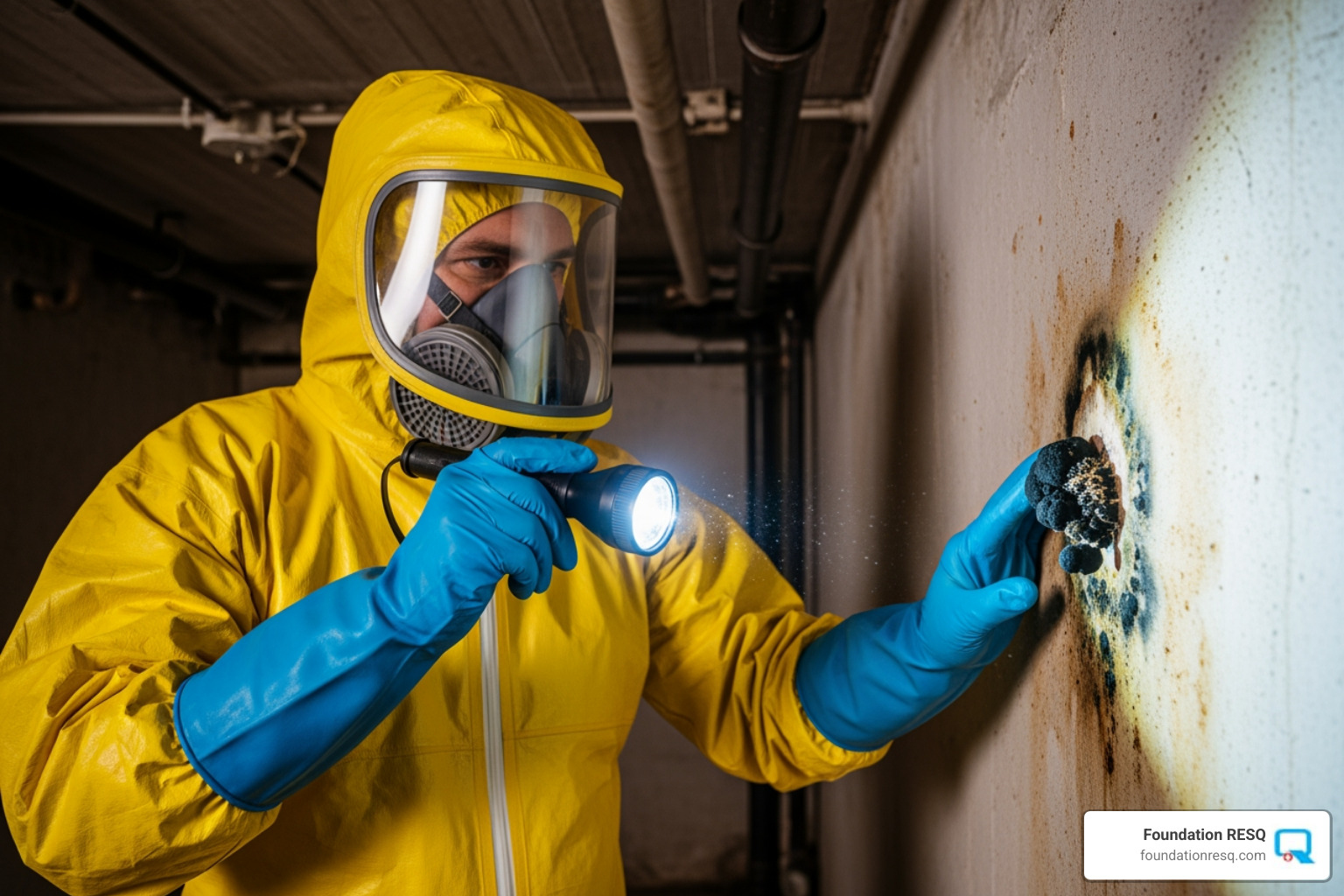 Professional in full PPE conducting a mold inspection - home mold remediation cost