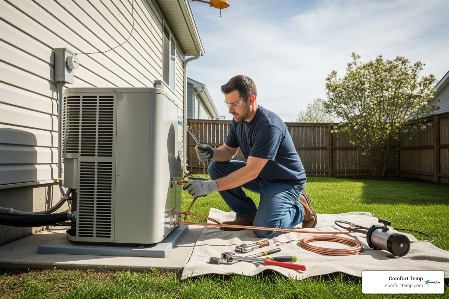 a certified technician carefully installing the outdoor unit of a heat pump - heat pump installation Gainesville a certified technician carefully installing the outdoor unit of a heat pump - heat pump installation Gainesville