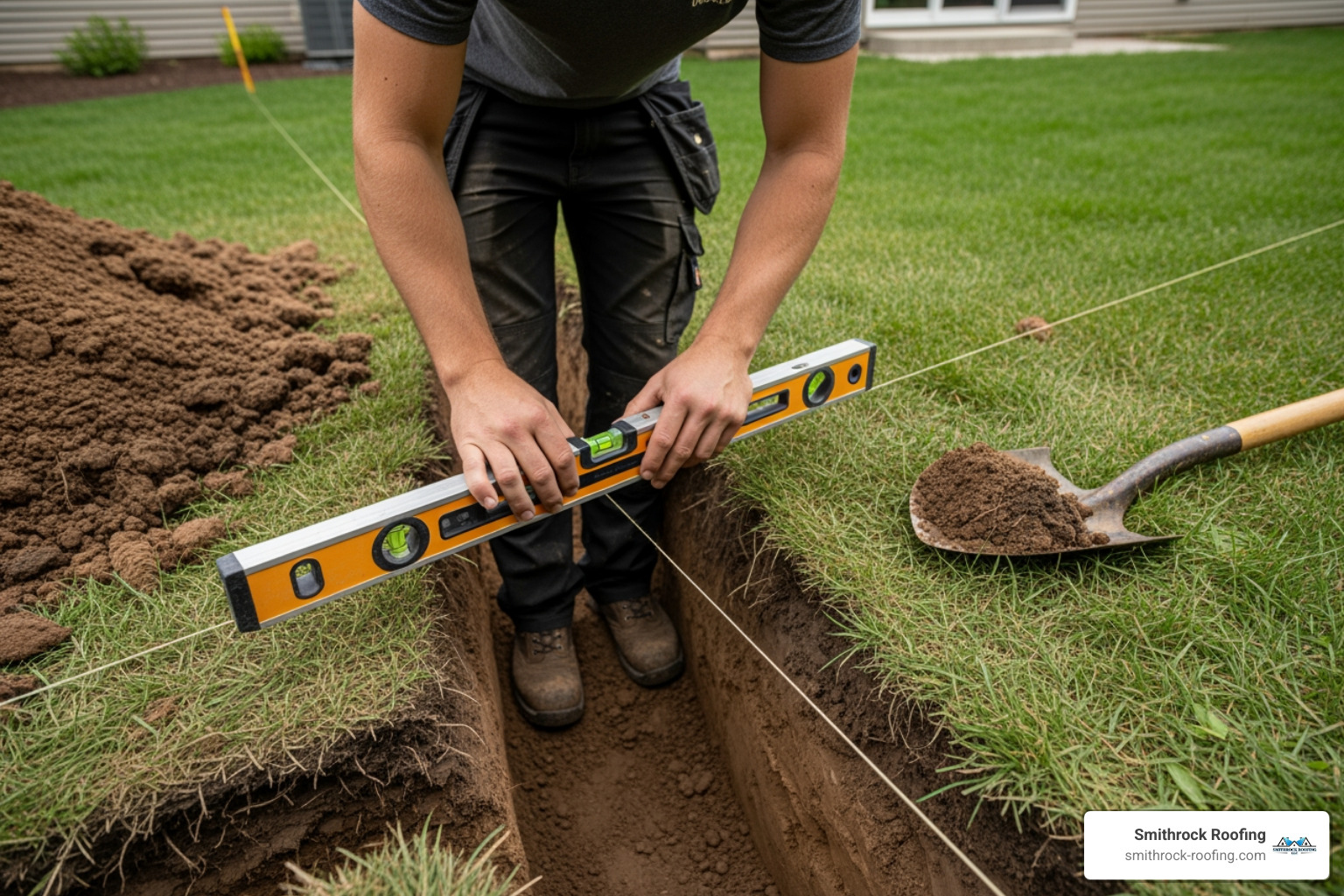 A person using a level on a string line across a trench to check the slope - burying gutter downspout