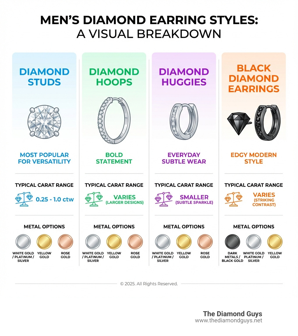 Infographic showing men's diamond earring styles breakdown: Diamond Studs (most popular for versatility), Diamond Hoops (bold statement), Diamond Huggies (everyday subtle wear), and Black Diamond Earrings (edgy modern style), with typical carat ranges and metal options for each style - earrings for guys diamond infographic Infographic showing men's diamond earring styles breakdown: Diamond Studs (most popular for versatility), Diamond Hoops (bold statement), Diamond Huggies (everyday subtle wear), and Black Diamond Earrings (edgy modern style), with typical carat ranges and metal options for each style - earrings for guys diamond infographic