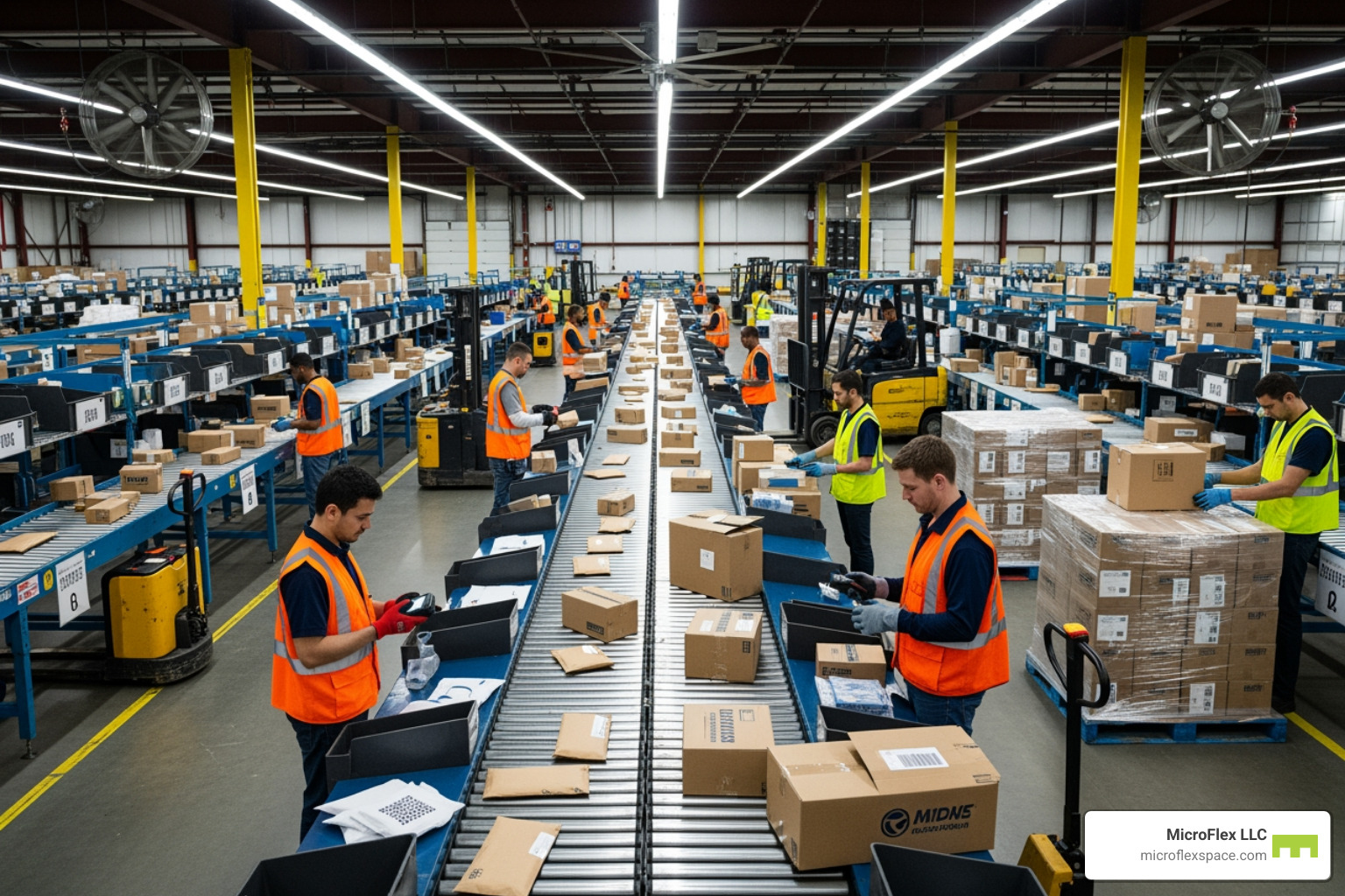 Warehouse workers sorting packages - Huntsville distribution center Warehouse workers sorting packages - Huntsville distribution center