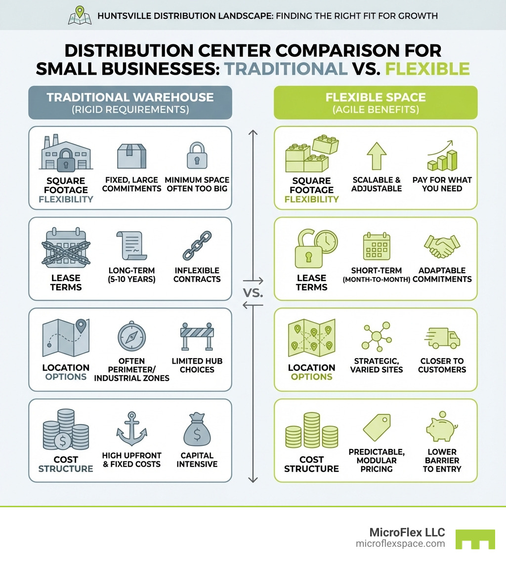 Distribution center comparison showing traditional warehouse requirements versus flexible space benefits for small businesses including square footage flexibility, lease terms, location options, and cost structure - Huntsville distribution center infographic Distribution center comparison showing traditional warehouse requirements versus flexible space benefits for small businesses including square footage flexibility, lease terms, location options, and cost structure - Huntsville distribution center infographic