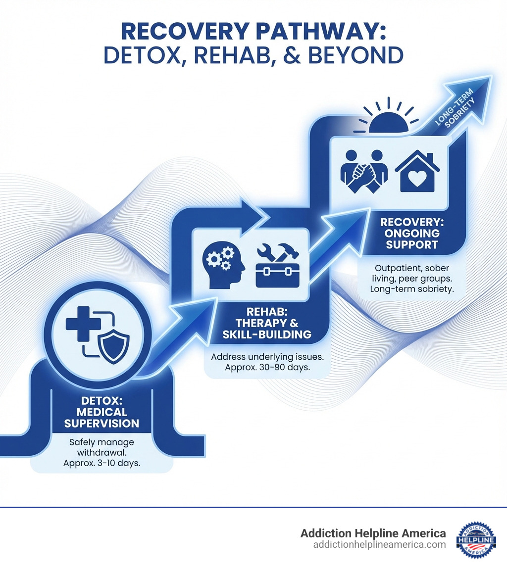 Infographic showing the recovery pathway: Detox (3-10 days of medical supervision to safely manage withdrawal), followed by Rehab (30-90 days of therapy and skill-building for underlying addiction issues), followed by Recovery (ongoing support through outpatient care, sober living, and peer groups for long-term sobriety) - free detox centers sarasota infographic 