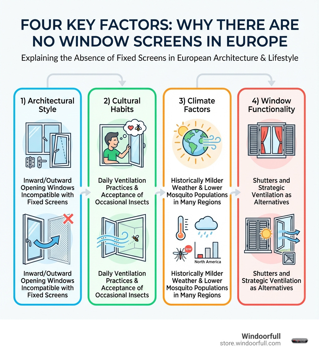 Infographic showing four key factors for no window screens in Europe: 1) Architectural Style (inward/outward opening windows incompatible with fixed screens), 2) Cultural Habits (daily ventilation practices, acceptance of occasional insects), 3) Climate Factors (historically milder weather, lower mosquito populations in many regions), and 4) Window Functionality (shutters and strategic ventilation as alternatives) - why are there no screens on windows in europe infographic 