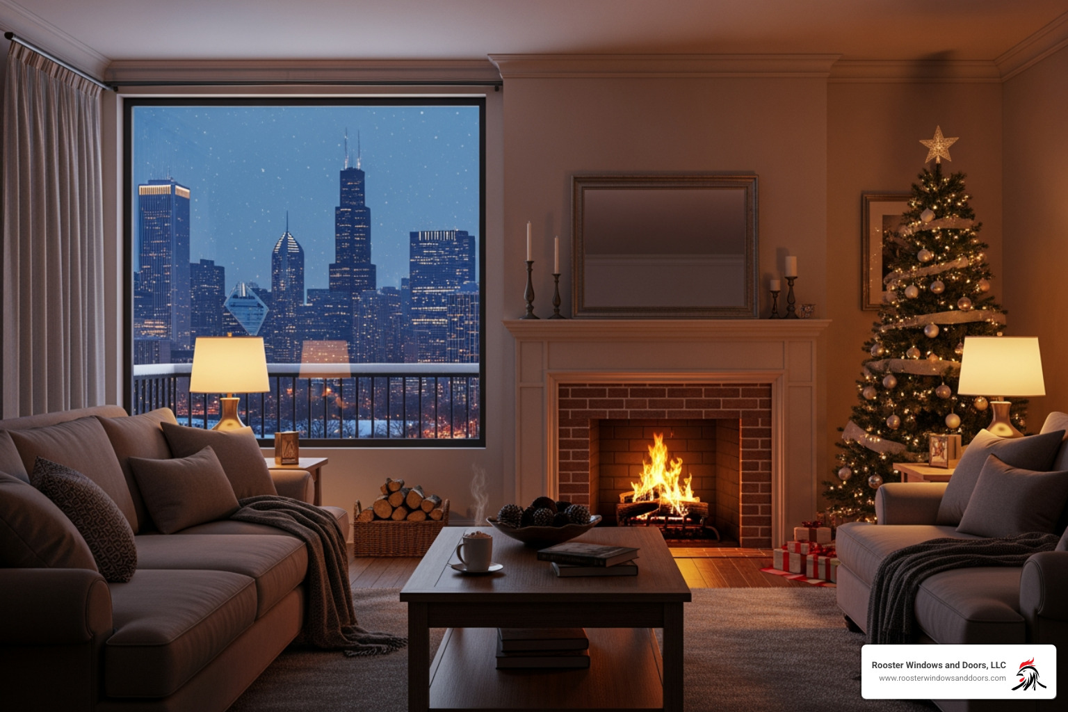 Cozy living room with snowy Chicago view - replacement windows chicago il