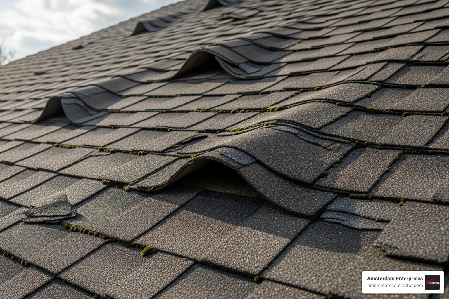 curling and buckling asphalt shingles on a roof - local roofer company