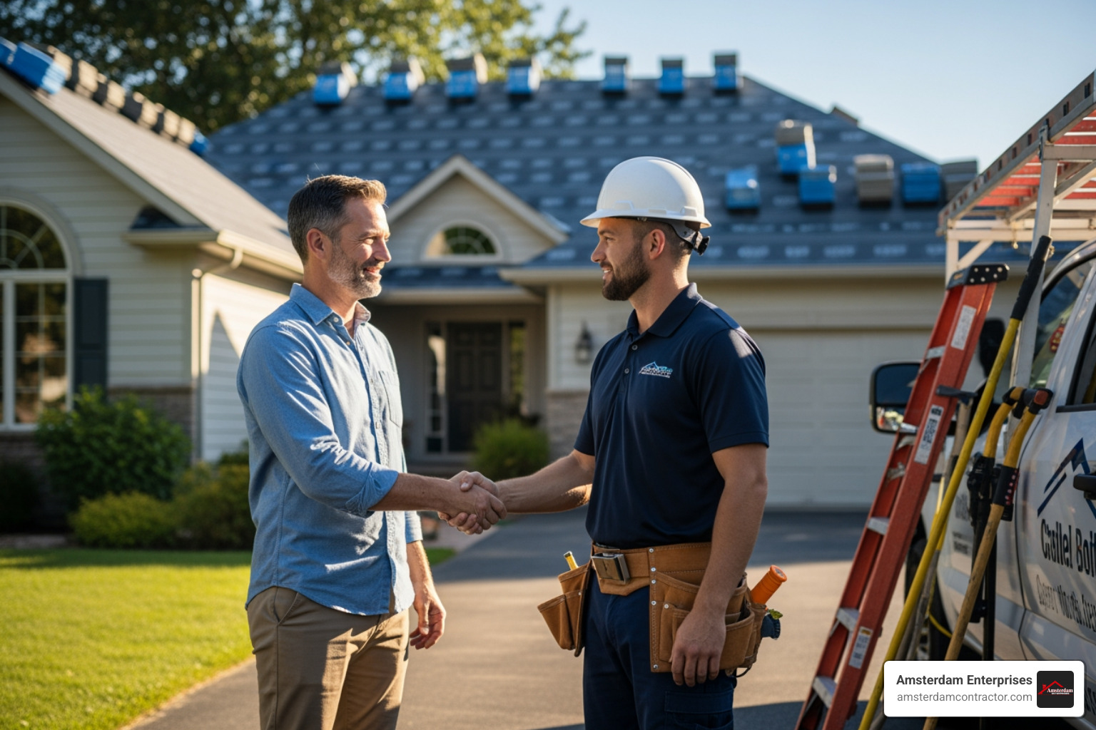 homeowner shaking hands with professional roofer - local roofer company