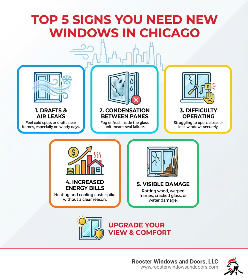 Infographic showing the top 5 signs you need new windows in Chicago: 1. Drafts and air leaks around window frames, 2. Condensation or frost between glass panes, 3. Difficulty opening, closing, or locking windows, 4. Noticeable increase in energy bills, 5. Visible damage like rotting wood, warped frames, or cracked glass - replacement windows chicago il infographic 