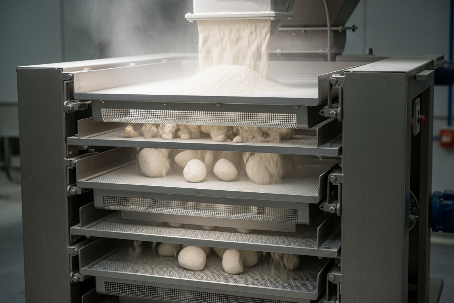 multi-deck vibratory screener in operation - Fine powder classification