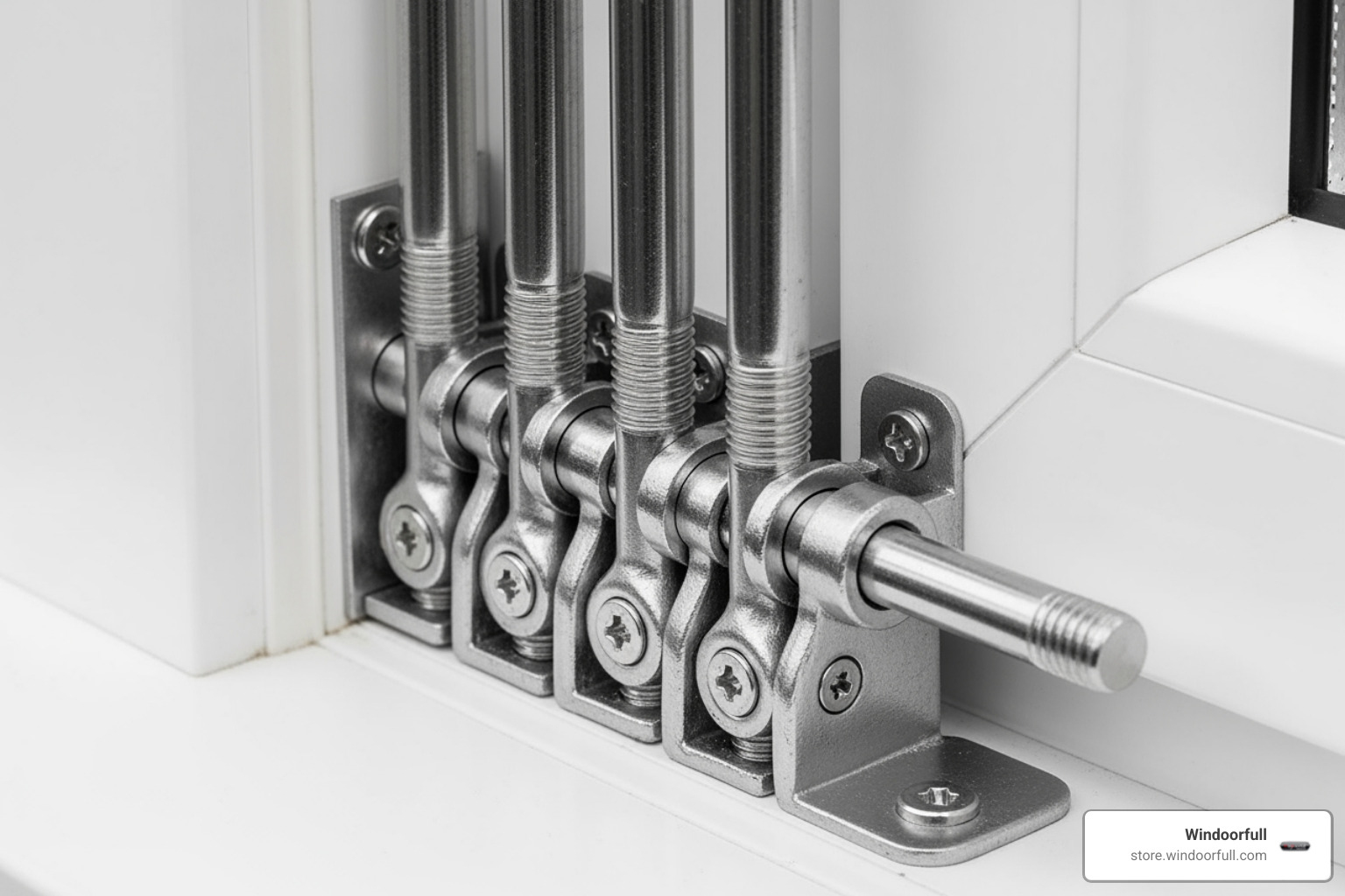 Close-up of a multi-point locking mechanism engaged in a uPVC window frame - uPVC window hardware
