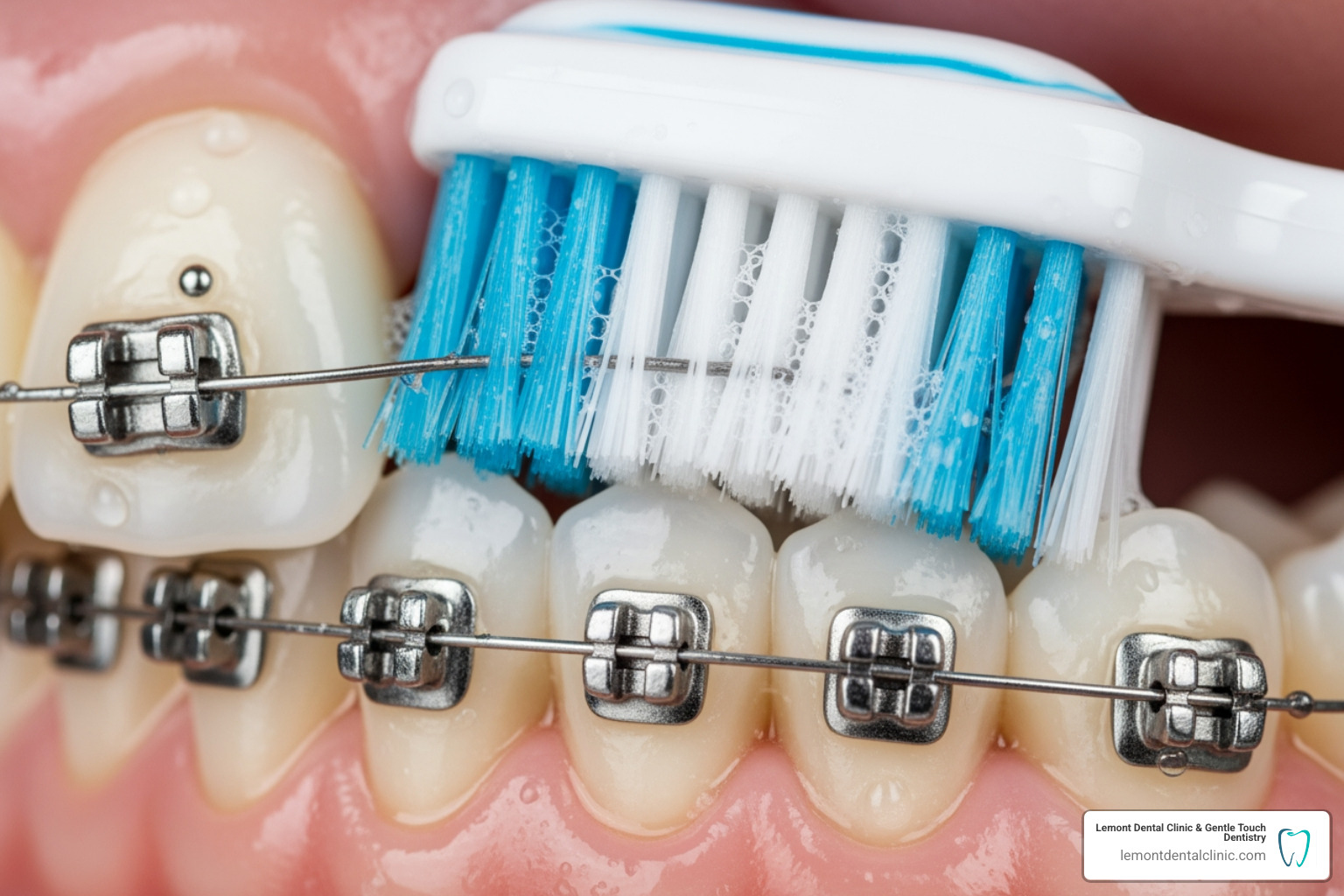 45-degree angle brushing technique against brackets and gumline - brushing teeth with braces