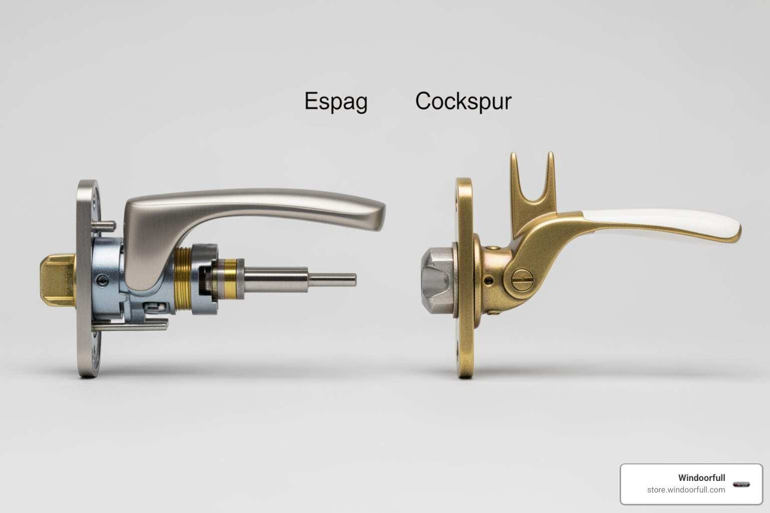 Side profile comparison of an Espag handle with its spindle and a Cockspur handle with its nose - uPVC window hardware