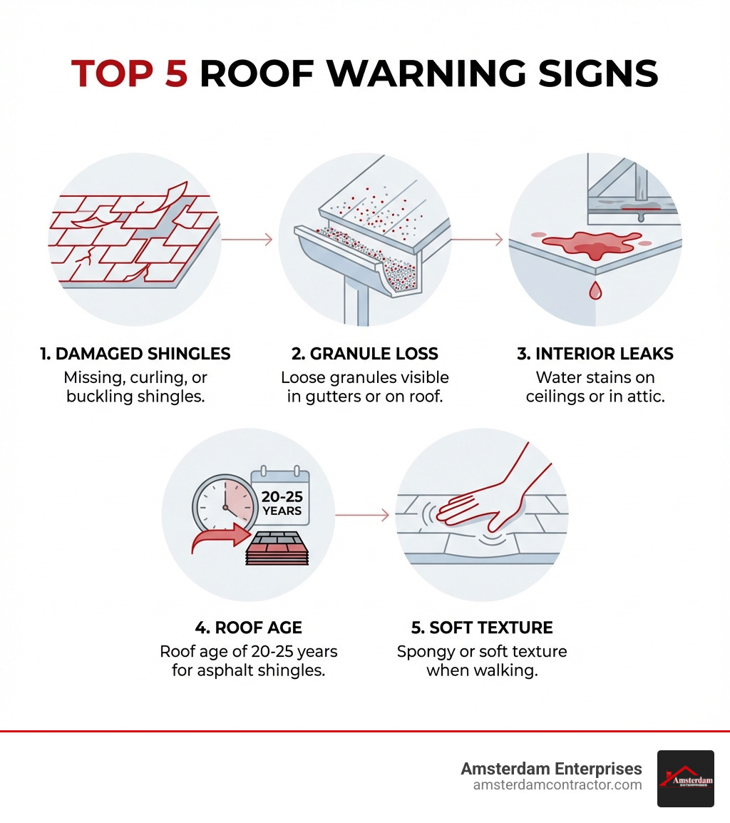 Infographic showing the top 5 warning signs your roof needs professional attention: 1) Missing, curling, or buckling shingles, 2) Loose granules visible in gutters or on the roof surface, 3) Water stains on ceilings or in the attic indicating leaks, 4) Roof age of 20-25 years for asphalt shingles, 5) Spongy or soft texture when walking on the roof surface - local roofer company infographic 