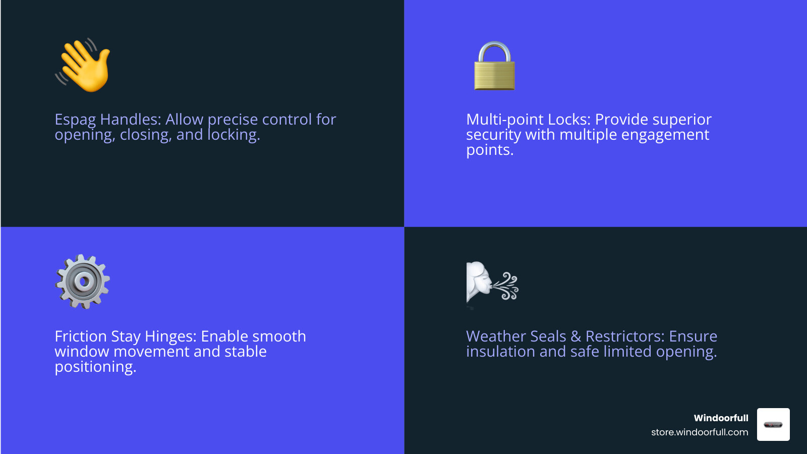 Infographic showing key hardware components of a modern uPVC tilt and turn window, including labeled Espag handle with spindle, multi-point locking mechanism along the frame edge, friction stay hinges at the top, shootbolt locks at top and bottom, mushroom cams engaging in keeps, weather seals, and window restrictors - uPVC window hardware infographic 4_facts_emoji_blue