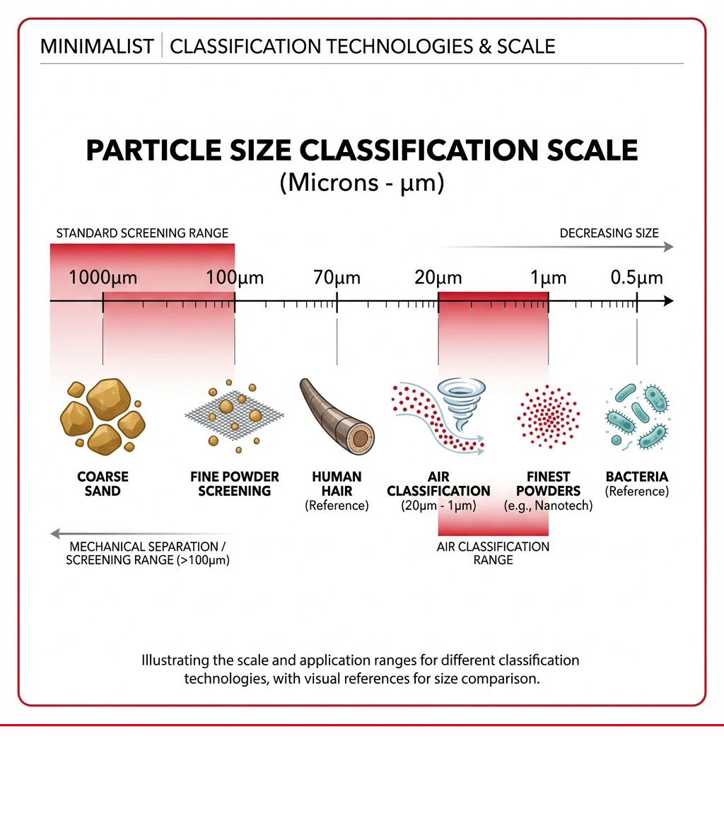 Infographic showing particle size comparison from coarse sand at 1000 microns, through standard screening range at 100 microns