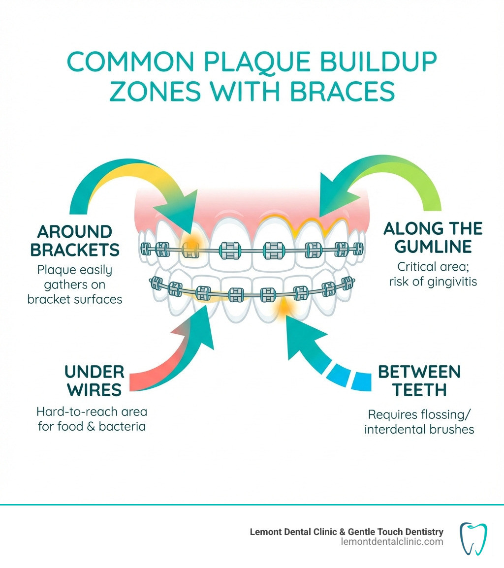 infographic showing common plaque buildup areas on braced teeth including around brackets, under wires, along the gumline, and between teeth with arrows pointing to each problem zone - brushing teeth with braces infographic 