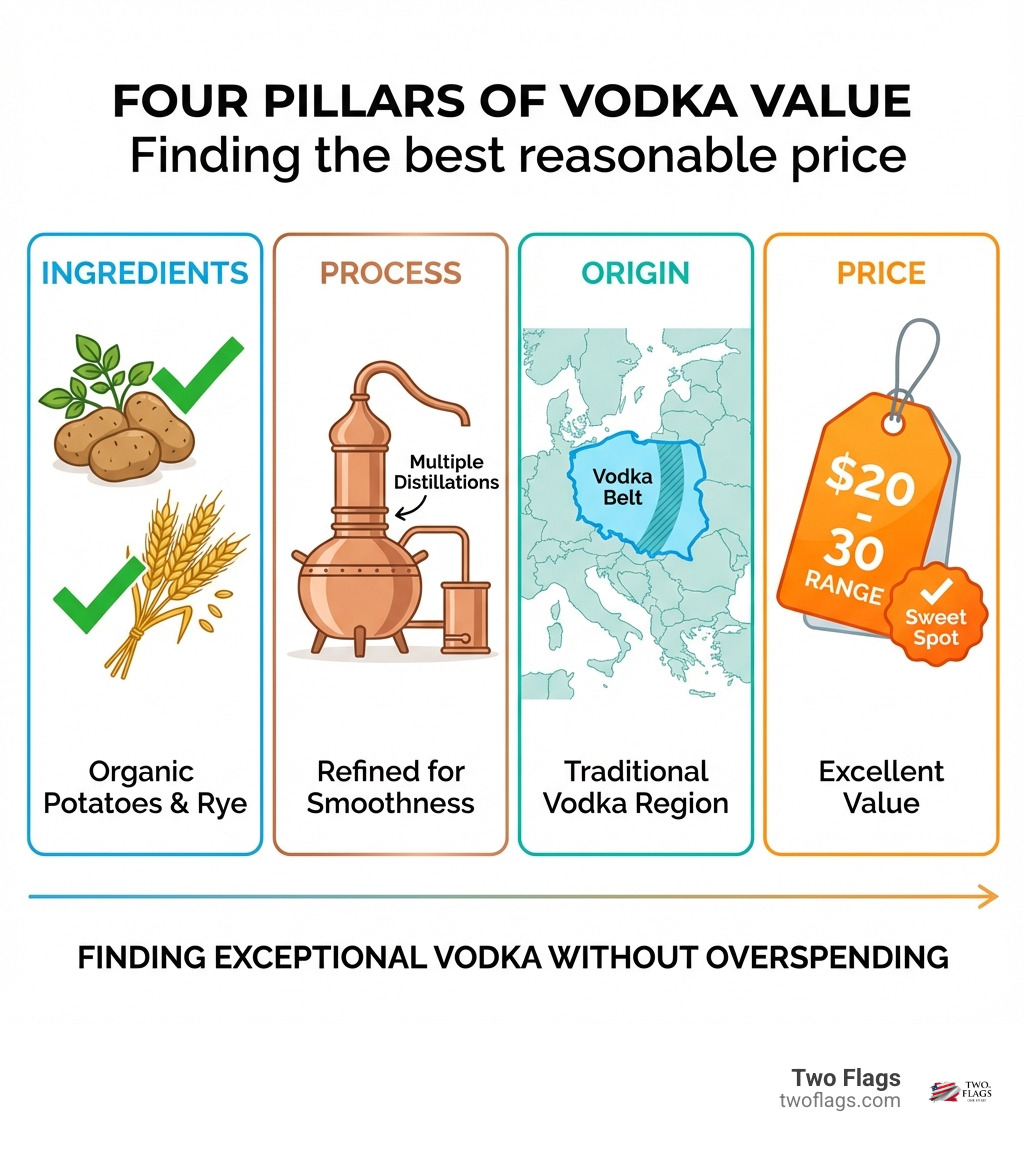 Infographic showing four pillars of vodka value: 1) Ingredients (organic potatoes and rye with checkmarks), 2) Process (copper still with "Multiple Distillations" label), 3) Origin (map highlighting Poland's Vodka Belt), and 4) Price (price tag showing $20-30 range with "Sweet Spot" notation) - best vodka reasonable price infographic 