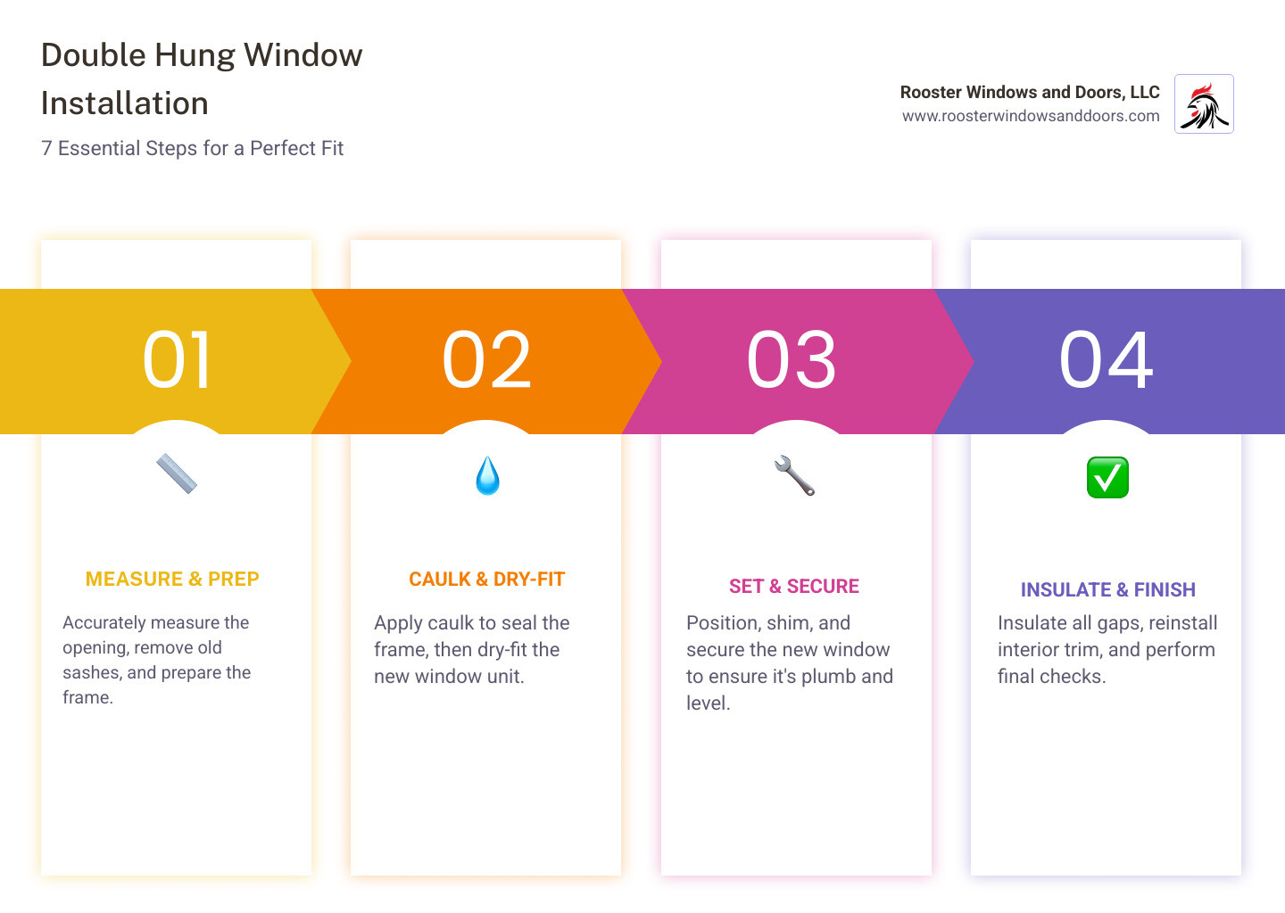 Infographic showing the 7 key steps of double hung window installation: 1) Measure width and height at three points each, using smallest measurements 2) Remove interior stops, sashes, and parting stops with utility knife and pry bar 3) Clean opening, inspect for rot, apply flashing tape to sill 4) Apply 3/8-inch silicone caulk bead to blind stop and sill 5) Set window, temporarily fasten, check square with diagonal measurements, adjust with shims 6) Tighten all screws, loosely pack fiberglass insulation around perimeter, seal exterior gaps with low-expansion foam 7) Reinstall interior trim, caulk gaps, test window operation - how to install replacement double hung windows infographic pillar-4-steps