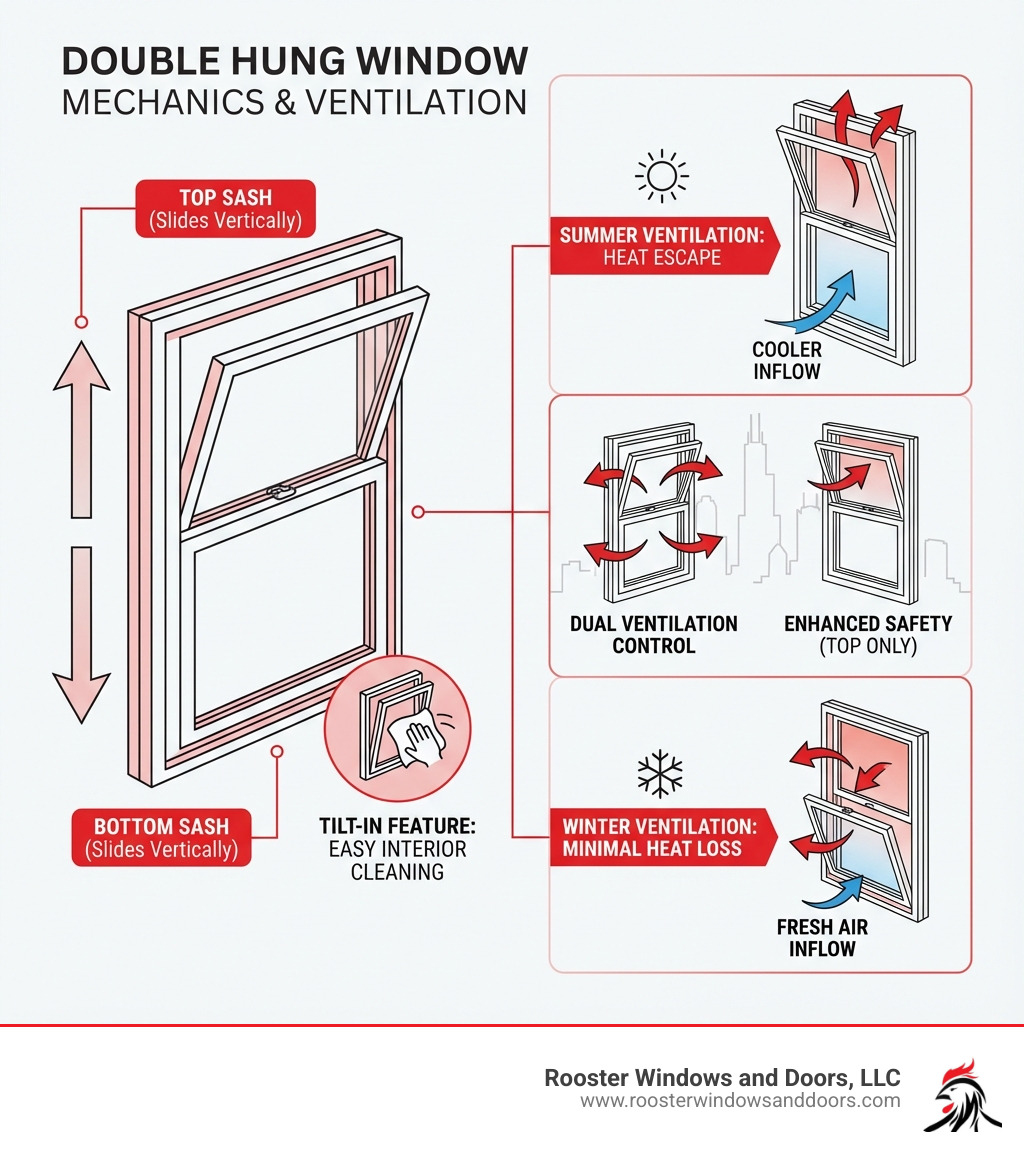 Infographic showing double hung window mechanics with two movable sashes sliding vertically, tilt-in feature demonstration for easy cleaning from inside, labeled top and bottom sash operation, ventilation arrows showing airflow control options, and comparison of summer vs winter ventilation strategies - double hung windows chicago infographic 