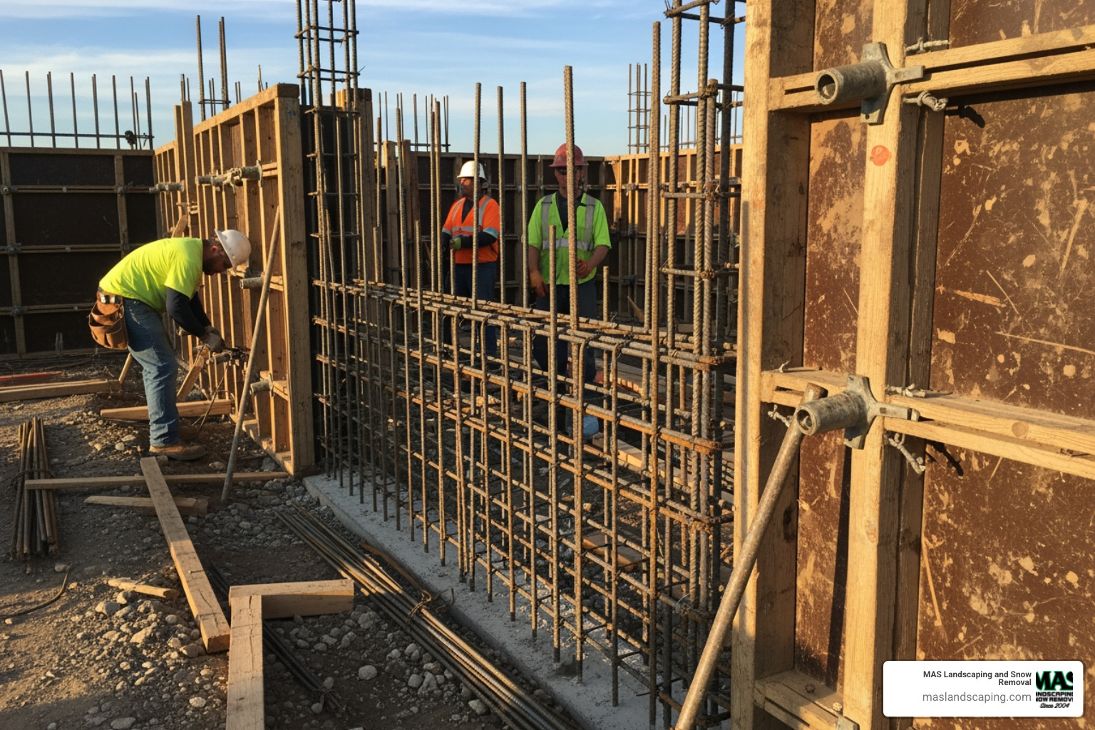 rebar reinforcement being installed in a concrete wall form - poured concrete walls cost