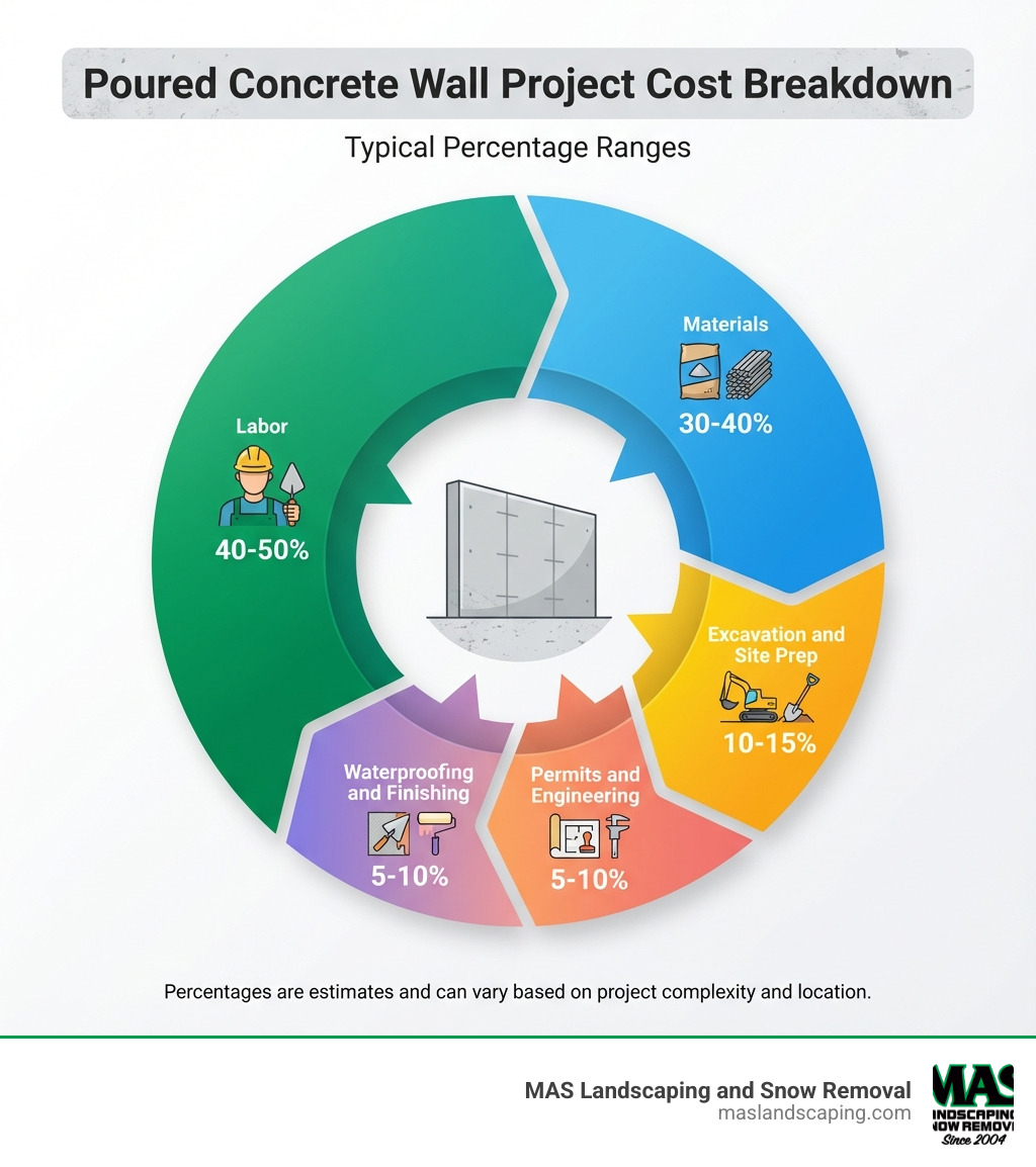 Infographic showing the cost breakdown of a poured concrete wall project: Materials 30-40%, Labor 40-50%, Excavation and Site Prep 10-15%, Permits and Engineering 5-10%, Waterproofing and Finishing 5-10% - poured concrete walls cost infographic 